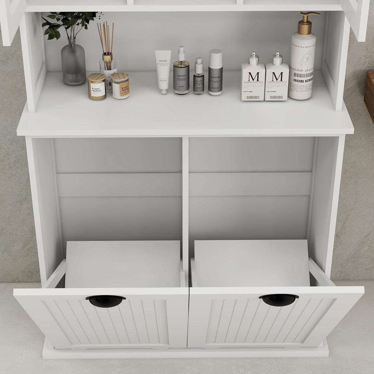 Tilt-Out Laundry Hamper Cabinet, 60-inch Tall Bathroom Cabinet with 2 Large Pull-Out Laundry Baskets, Glass Doors, and 2 Adjustable Shelves, Bathroom Organizer Cabinet for Laundry and Balcony, White