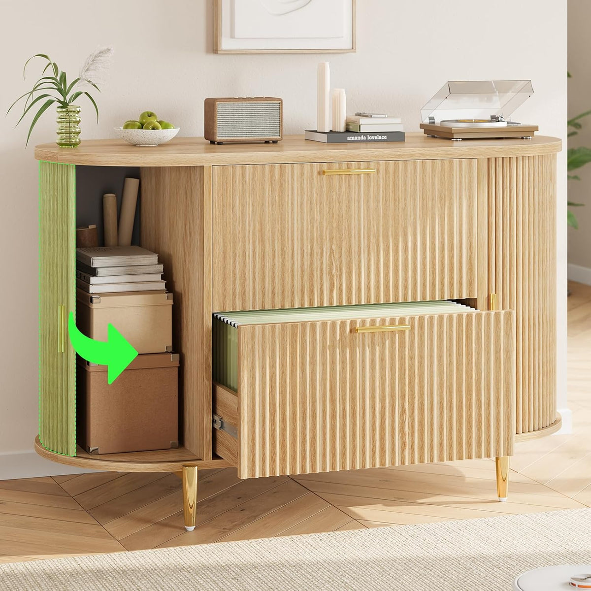 SEDETA 2 Drawer File Cabinet, 39.4" Filing Cabinet for Home Office, fit Legal/Letter/A4 Size, Modern Fluted Filing Cabinets with 2 Sliding Door Storage, Printer Stand, Natural