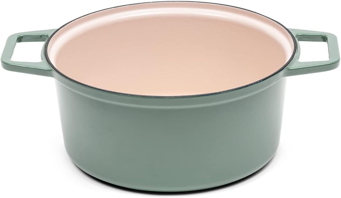 Misen 7 QT Enameled Cast Iron Dutch Oven - Chip-Resistant Enamel Coating - Thick Iron Core For Heat Retention - Large Cooking Surface - Oven Safe, Induction Compatible - Grill and Silicone Lid, Green