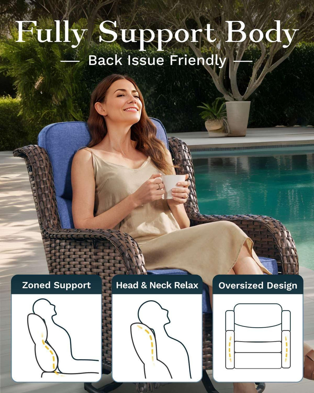 Outdoor Swivel Rocker Patio Chairs with 6-Inch Thick Cushions and Side Table, 3PCS High Back Wicker Patio Furniture Set for Porch, Balcony, Deck and Yard in Blue