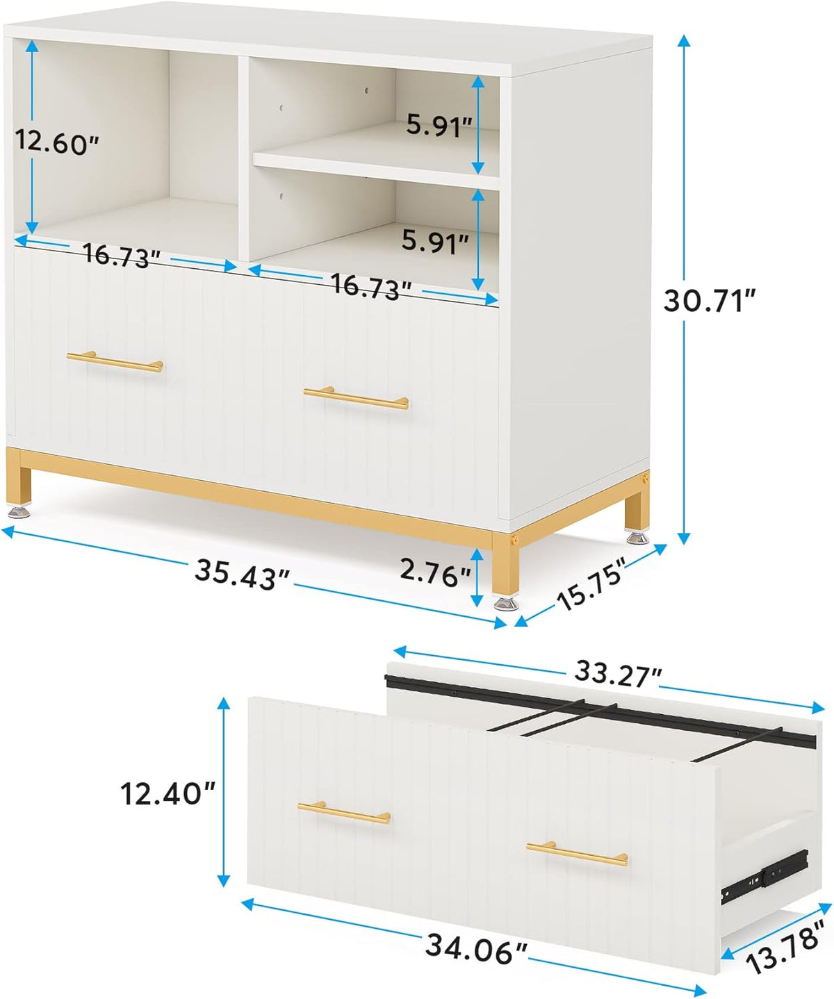 Tribesigns Lateral File Cabinet with Drawer, White Filing Cabinet for Letter/Legal/A4 Size Files, 35.4" Modern Wood File Storage Cabinets Printer Stand with Storage for Home, Office, White Gold