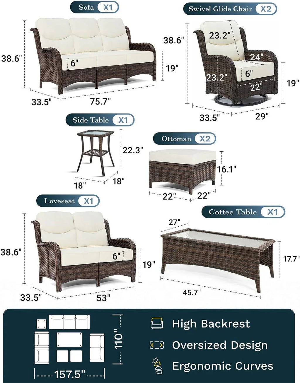 Outdoor Swivel Rocker Patio Chairs with 6-Inch Thick Cushions and Side Table, 3PCS High Back Wicker Patio Furniture Set for Porch, Balcony, Deck and Yard in Blue