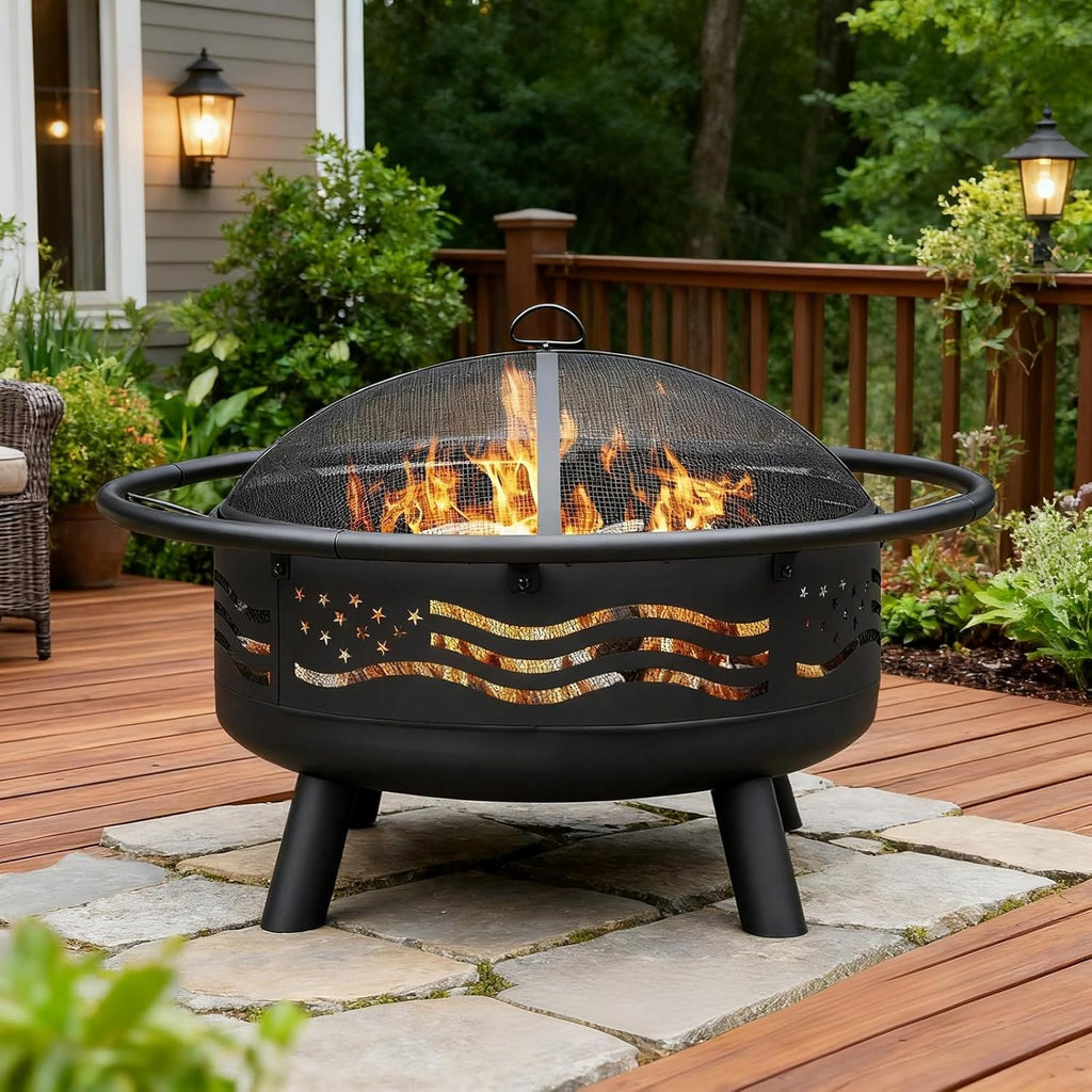 Breezz 32 Inch American Flag Fire Pit with Mesh Cover & Poker, Round Metal Wood Burning Outdoor Firepit for Patio, Garden, Backyard, Bonfire, Ideal for 4th of July, Memorial Day, Christmas