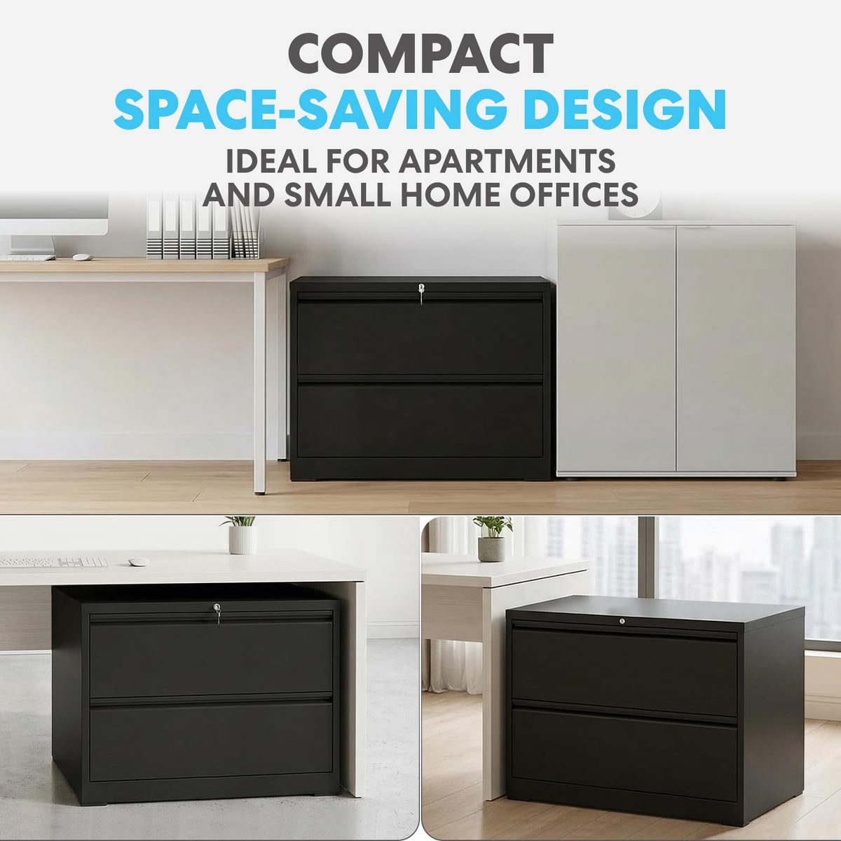 SIMPLI-Magic 2-Drawer File Cabinet with Lock - Metal Filing Cabinet for Home Office, Letter/Legal/F4/A4 Hanging Files, Compact Space-Saving Design, Black