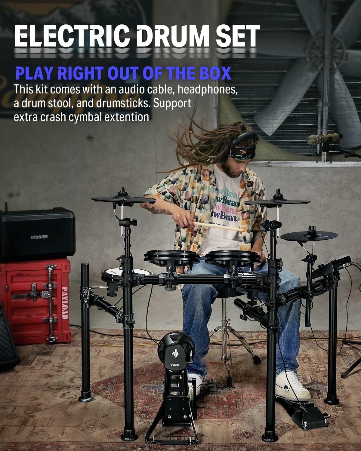 Donner DED-200 Electric Drum Sets with Quiet Mesh Drum Pads, 2 Cymbals w/Choke, 31 Kits and 450+ Sounds, Throne, Headphones, Sticks, USB MIDI, Melodics Lessons (5 Pads, 3 Cymbals)