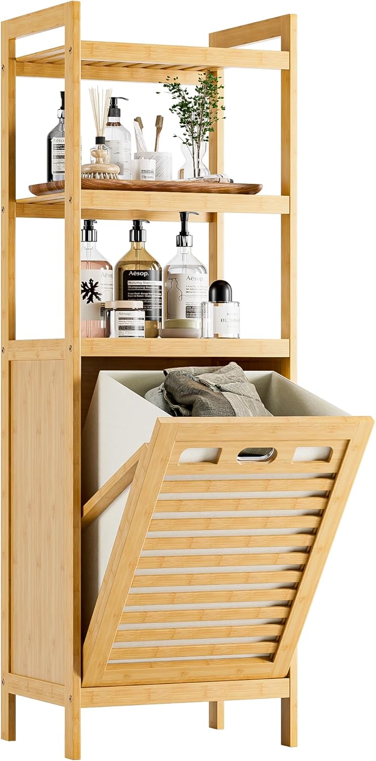 HITNET Tilt Out Laundry Hamper, Bamboo Laundry Basket with Foldable Bag and 3 Open Shelves, Freestanding Clothes Storage Organizer for Bedroom, Bathroom, Living Room, Natural