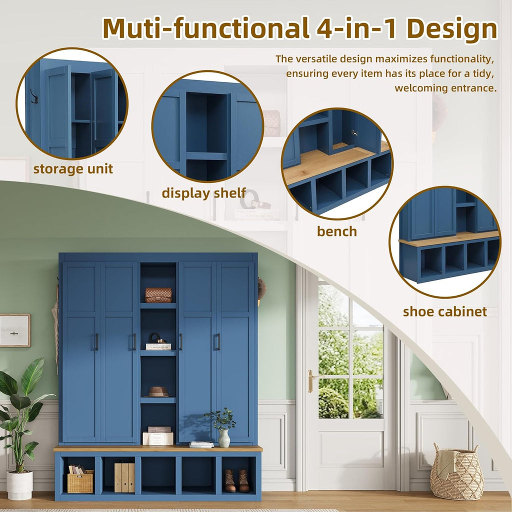 Bellemave Farmhouse 4-in-1 Hall Tree with 6 Hooks & Shoe Storage - 62.9" Wide Entryway Cabinet with Seating Bench and Open Compartments for Mudroom, Hallway, Blue