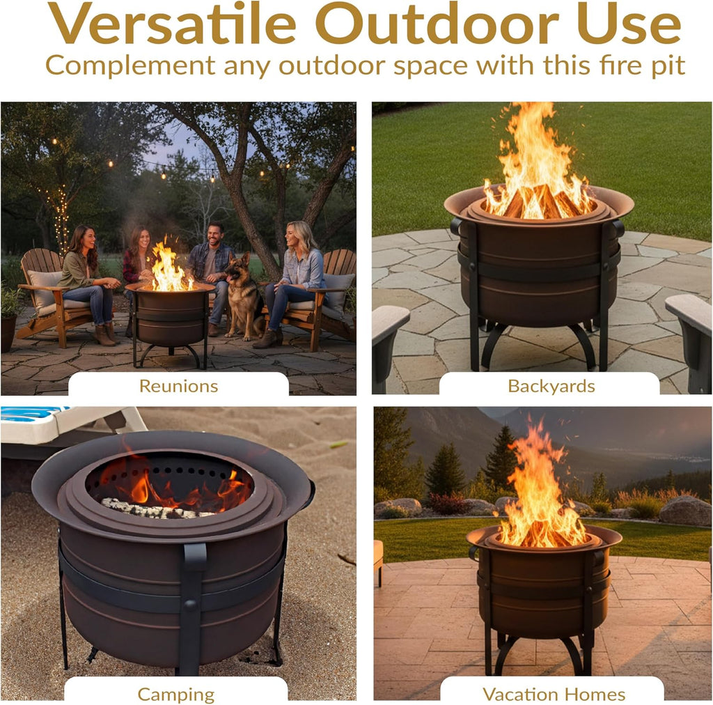 Sunnydaze 23-Inch Cauldron-Style Smokeless Wood-Burning Fire Pit with Cover and Poker - Steel Outdoor Smokeless Fire Pit for the Backyard