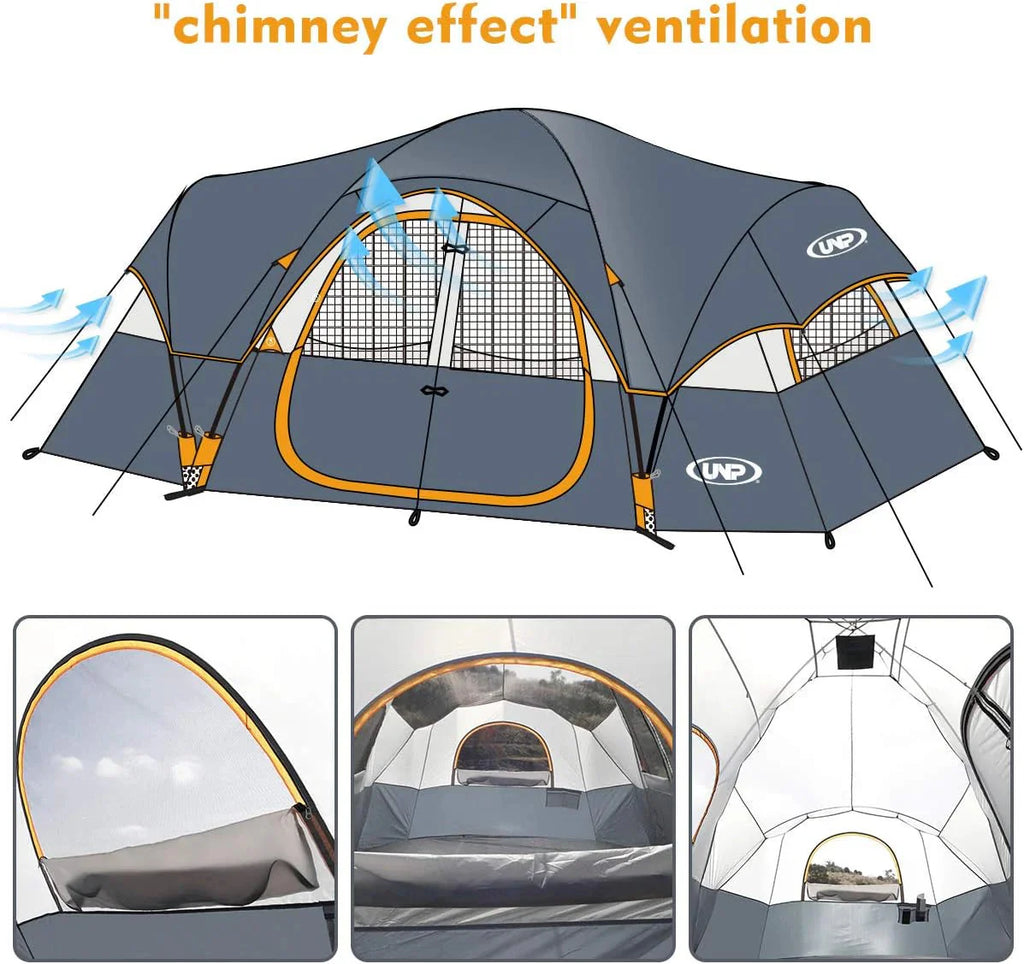 UNP Camping Tent 10-Person-Family Tents, Parties, Music Festival Tent, Big, Easy Up, 5 Large Mesh Windows, Double Layer, 2 Room, Waterproof, Weather Resistant, 18ft x 9ft x78in