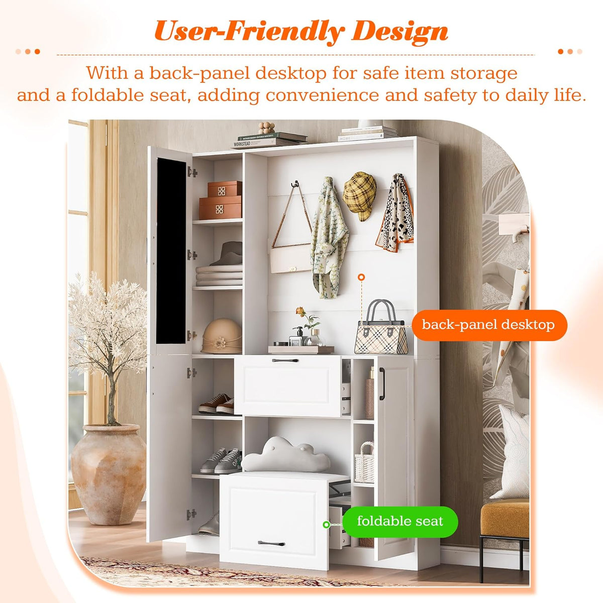 51.1''Hall Tree, Entryway Bench with Integrated Shoe Cabinet,3-in-1 Design, Mirrored Cabinet Door and Foldable Seat for Entrance, Living Room