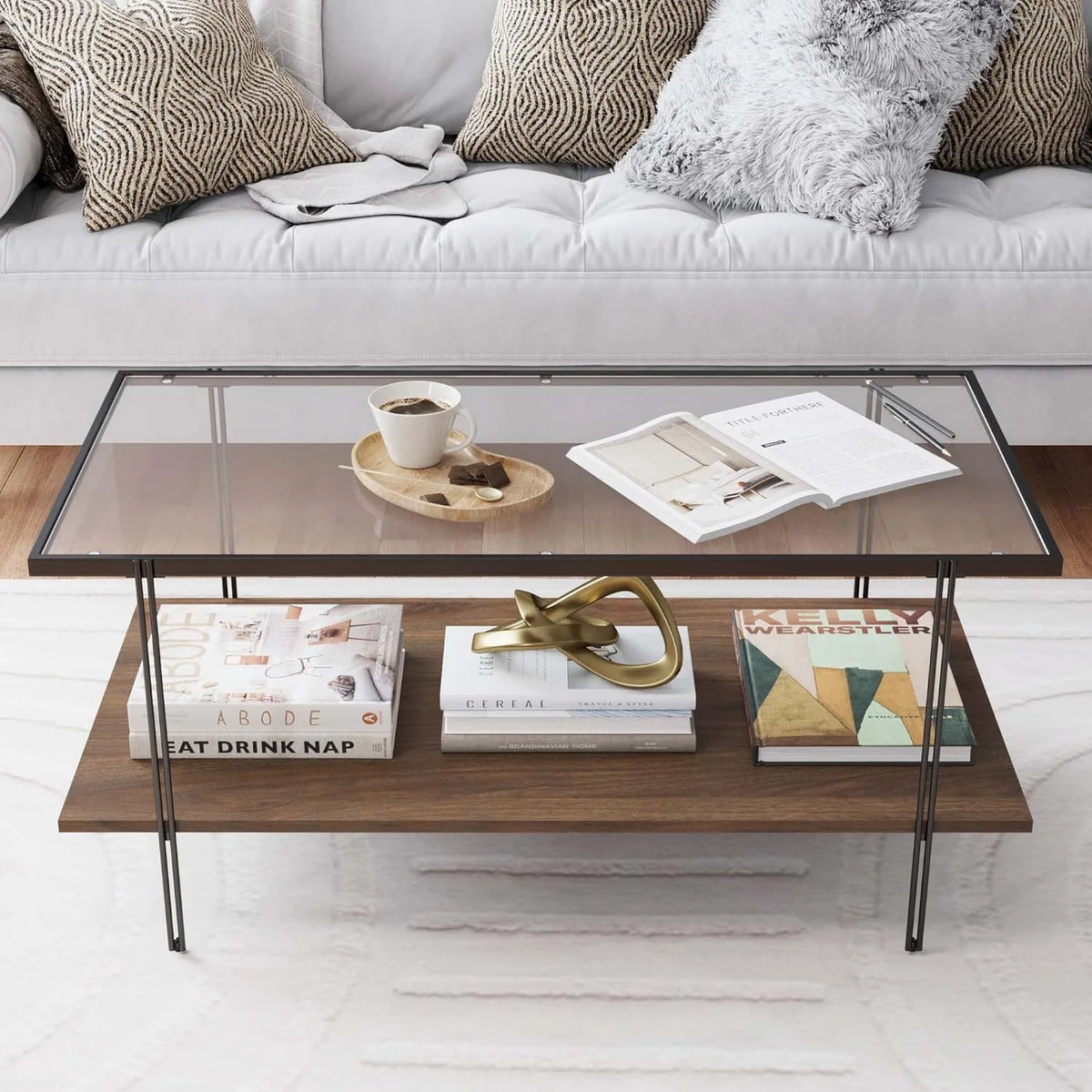 Nathan James Sonia Coffee Table with Storage Shelf, Light Wood/Rattan