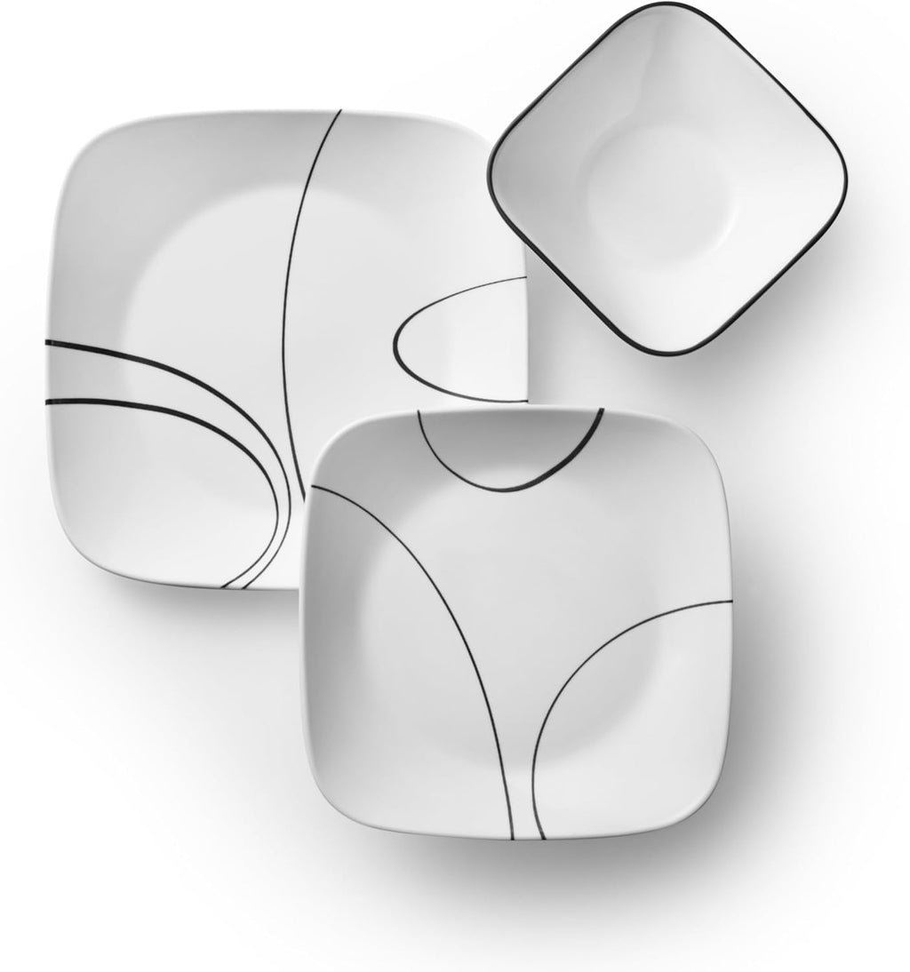 Corelle 18-Piece Service for 6 Dinnerware Set Triple Layer Glass and Chip Resistant, Lightweight Square Plates and Bowls Set, Simple Lines