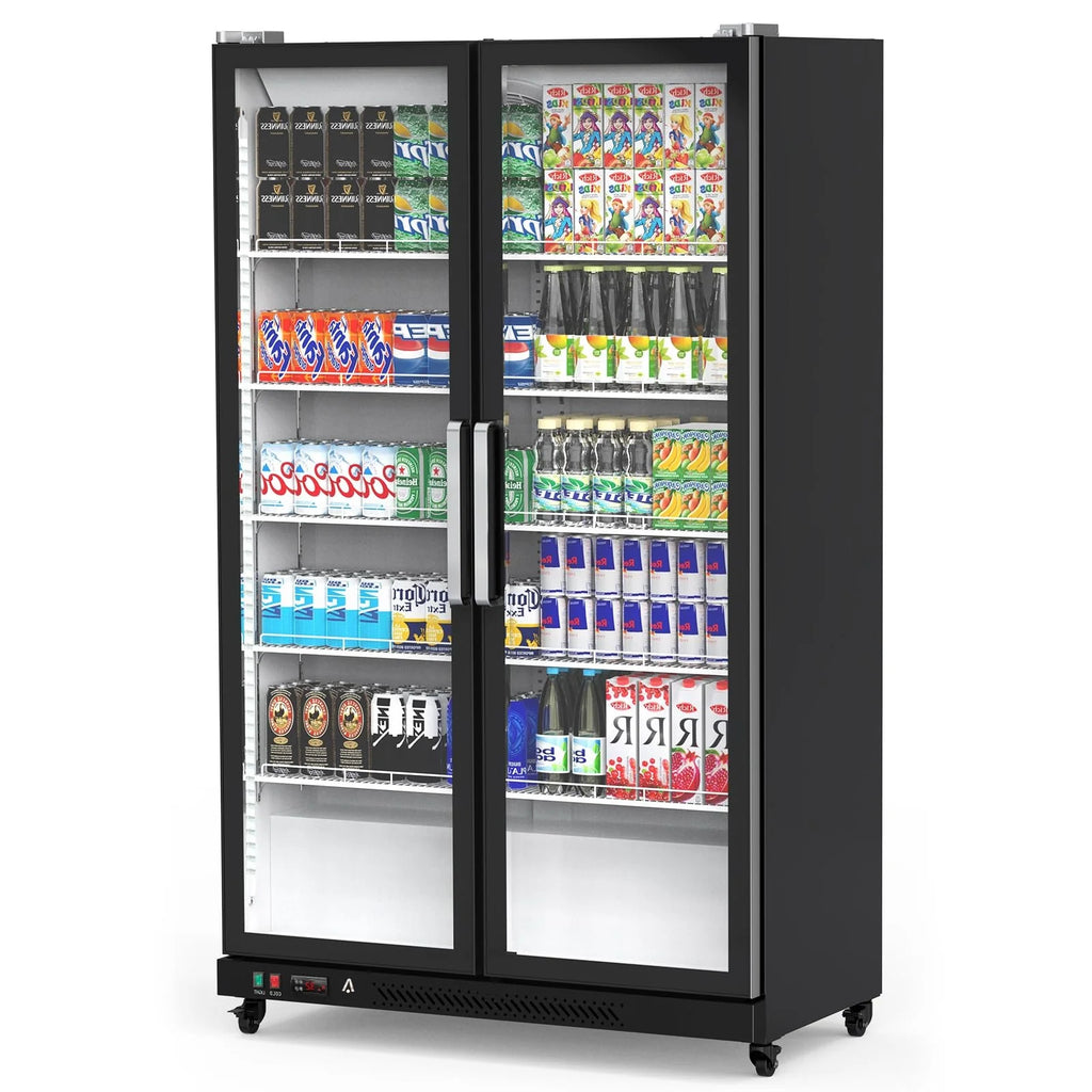 Commercial Refrigerator, Glass Door with LED Lighting – Upright Beverage Display Cooler for Home, Store, Gym, or Office, Featuring Double Swing Doors and 39 cu.ft