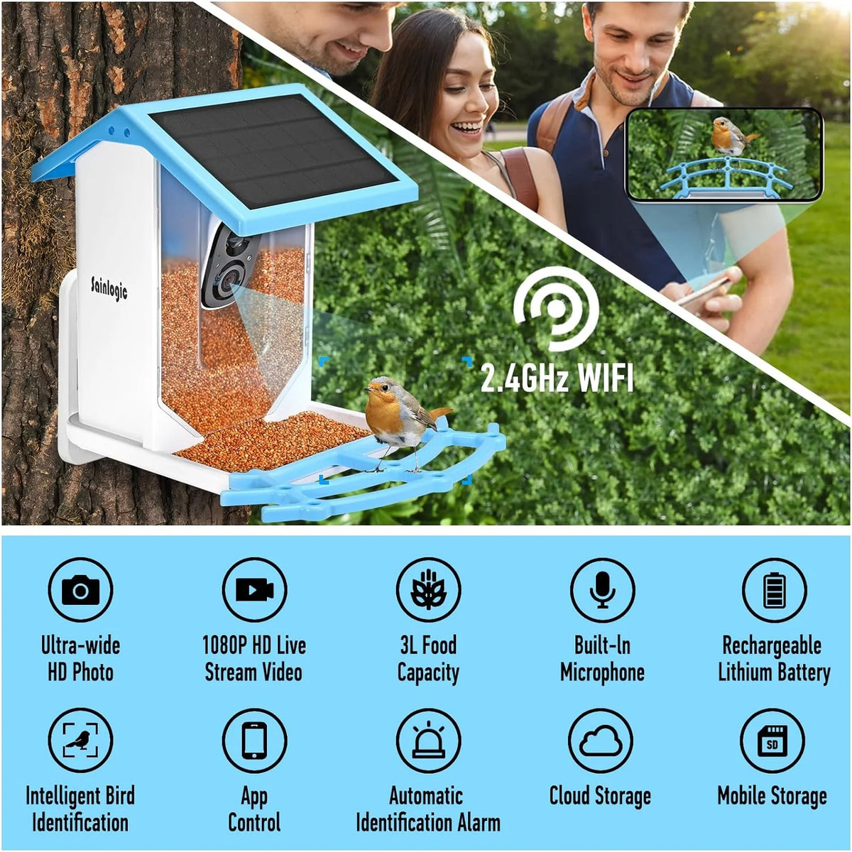 Smart Bird Feeder with 1080P HD Camera, Camera Bird Feeder Identify Bird Species with 2 Solar Panels, Video Bird Feeder with WiFi & Motion Detection, Smart Bird Feeders as Gifts(Light Blue)