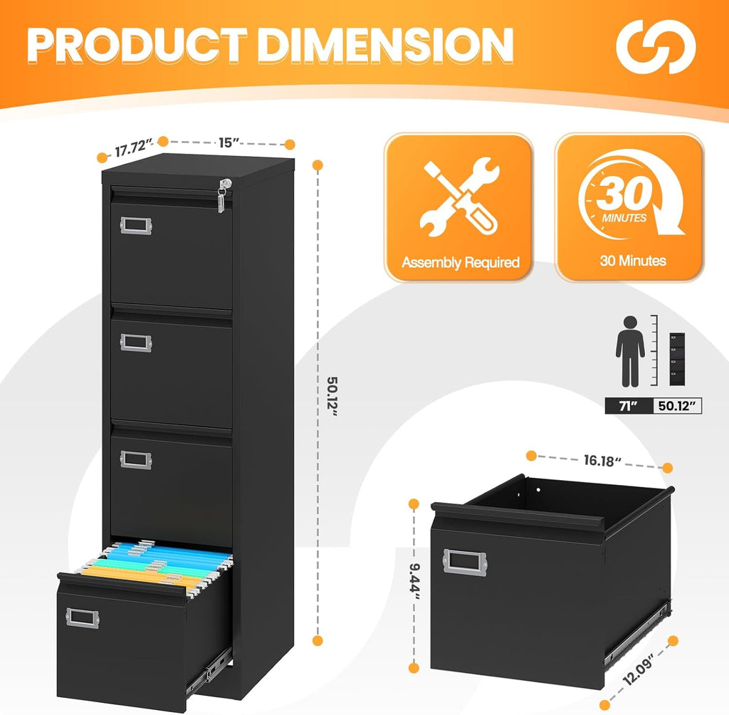 4 Drawer File Cabinet with Lock, Metal File Cabinets for Home Office,18" Deep Vertical Black Filing Cabinets Office Storage Cabinet for Letter/Legal / A4 / F4 Size, and File Folders
