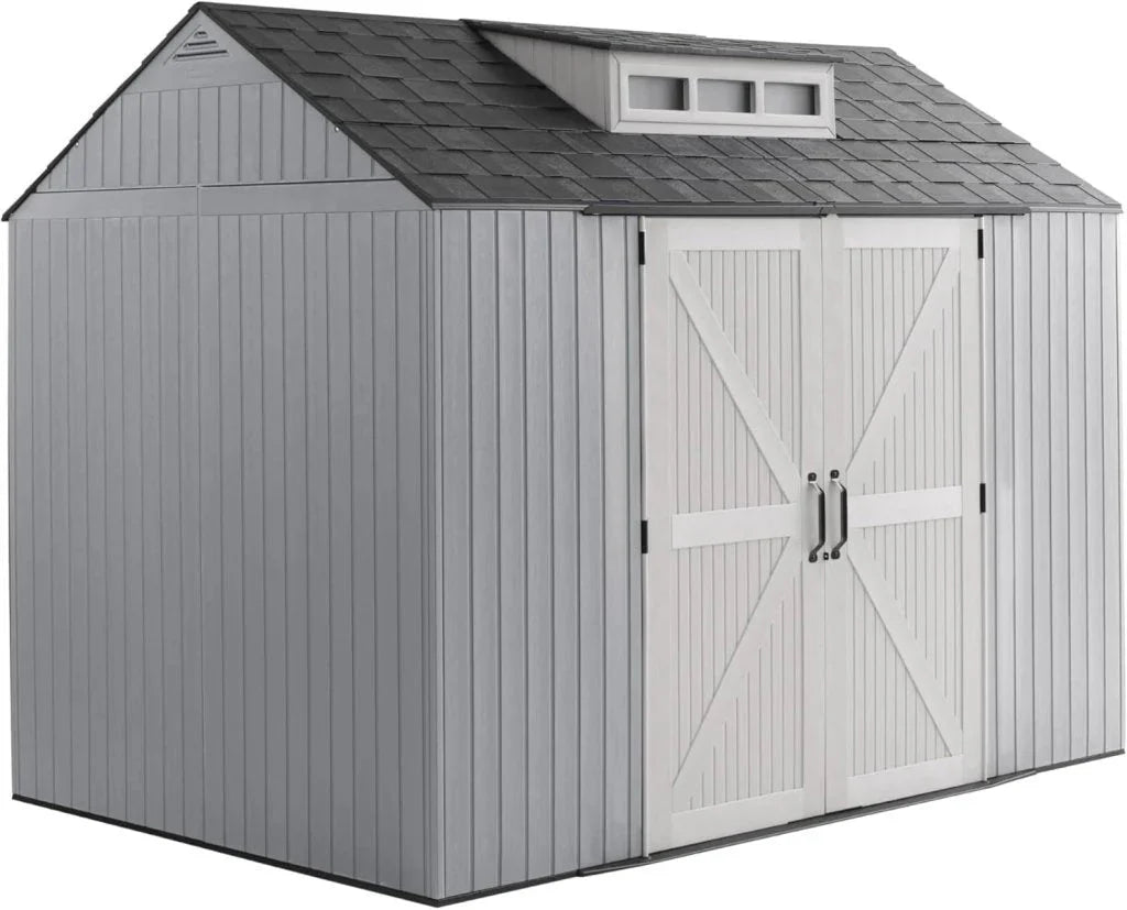 Rubbermaid Resin Outdoor Storage Shed With Floor (7 x 7 Ft) Weather Resistant Gray Organization for Home/Backyard/Garden Tools/Lawn Mower/Bike Storage/Pool Supplies