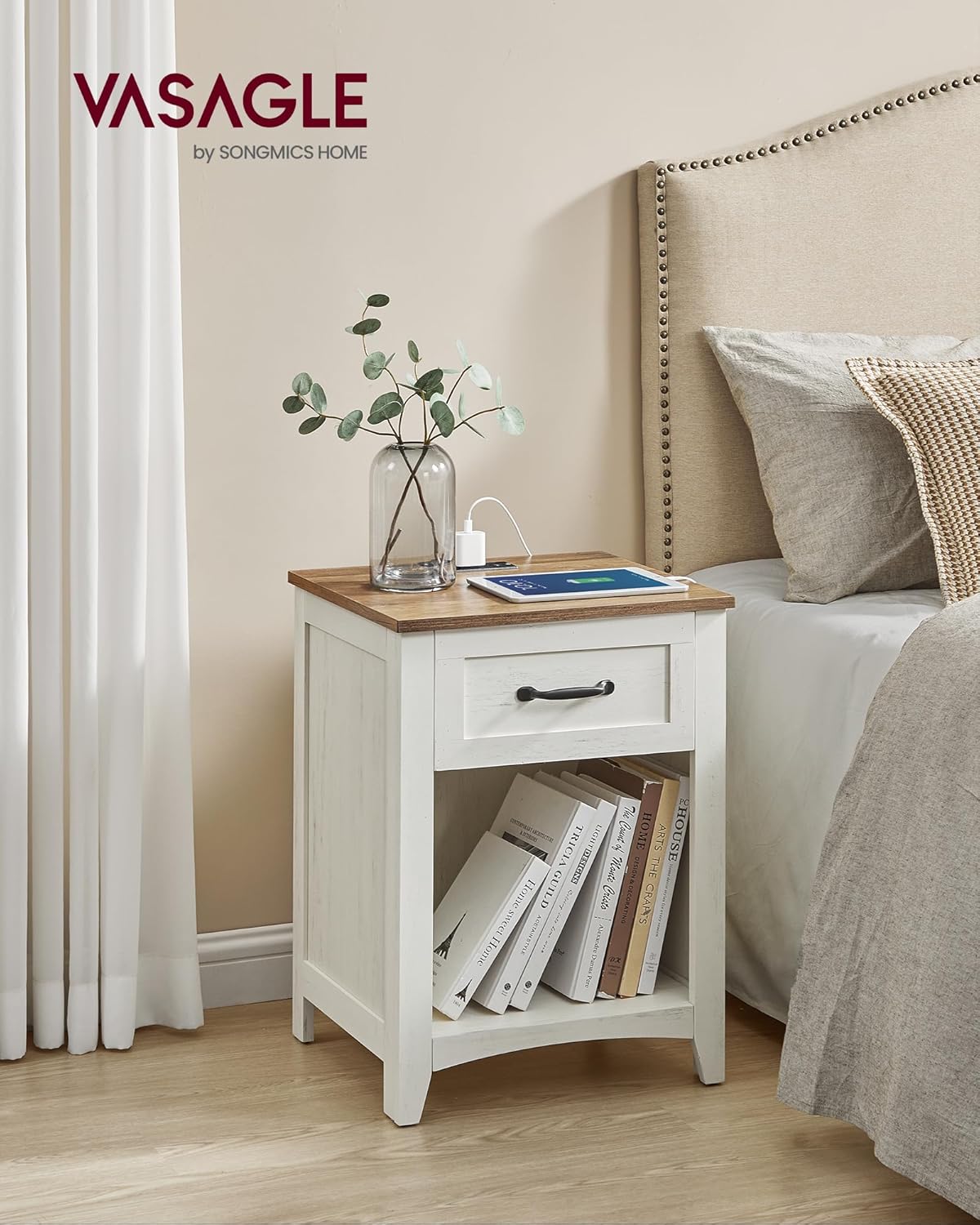 VASAGLE LIRY Collection - Farmhouse Nightstands with Charging Station, Set of 2 Bedside Tables, Side Tables with Drawer, Open Compartment, for Bedroom, Rustic White and Honey Brown ULET859K41