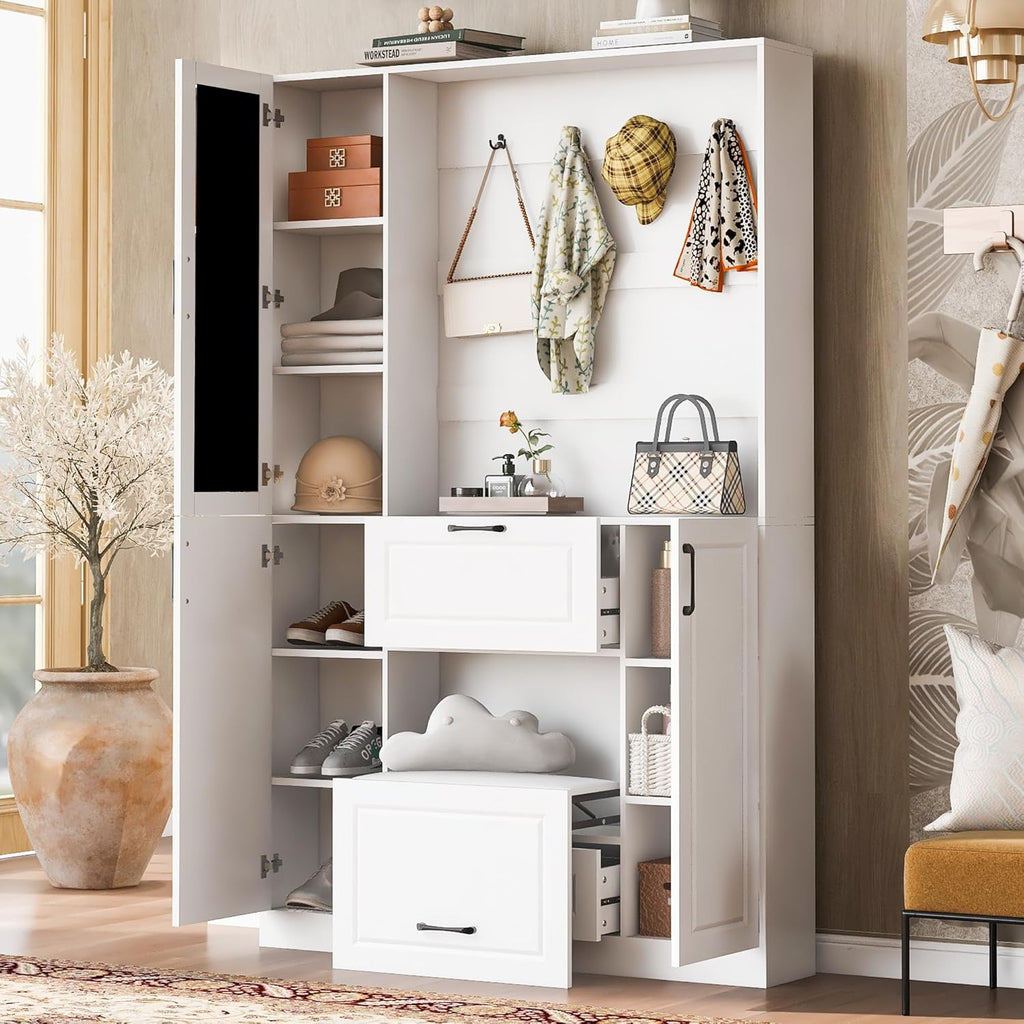 51.1''Hall Tree, Entryway Bench with Integrated Shoe Cabinet,3-in-1 Design, Mirrored Cabinet Door and Foldable Seat for Entrance, Living Room