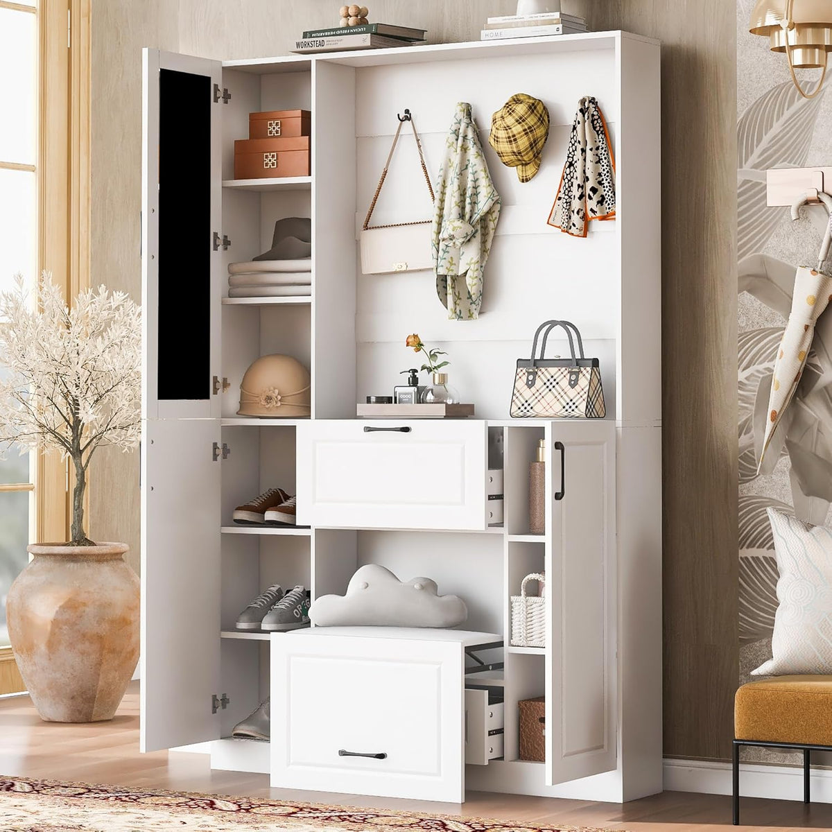 51.1''Hall Tree, Entryway Bench with Integrated Shoe Cabinet,3-in-1 Design, Mirrored Cabinet Door and Foldable Seat for Entrance, Living Room