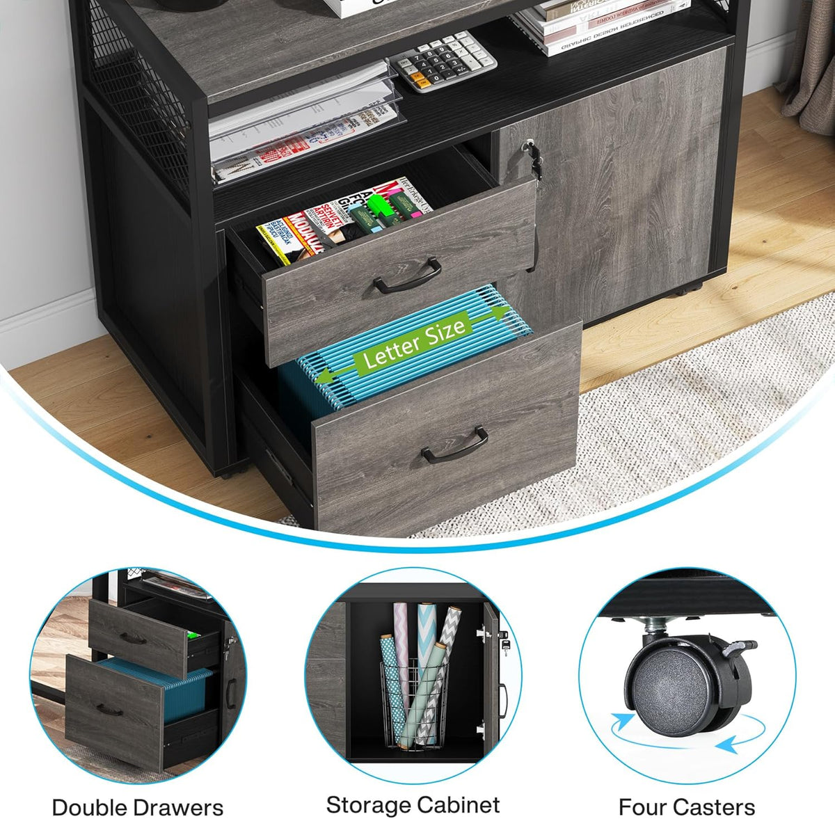 Tribesigns Modern File Cabinet with Drawers for Letter-Sized File and Door, Lockable lateral Filing Cabinet Printer Stand with Storage Shelves and with Rolling Caster for Home Office (Gray)