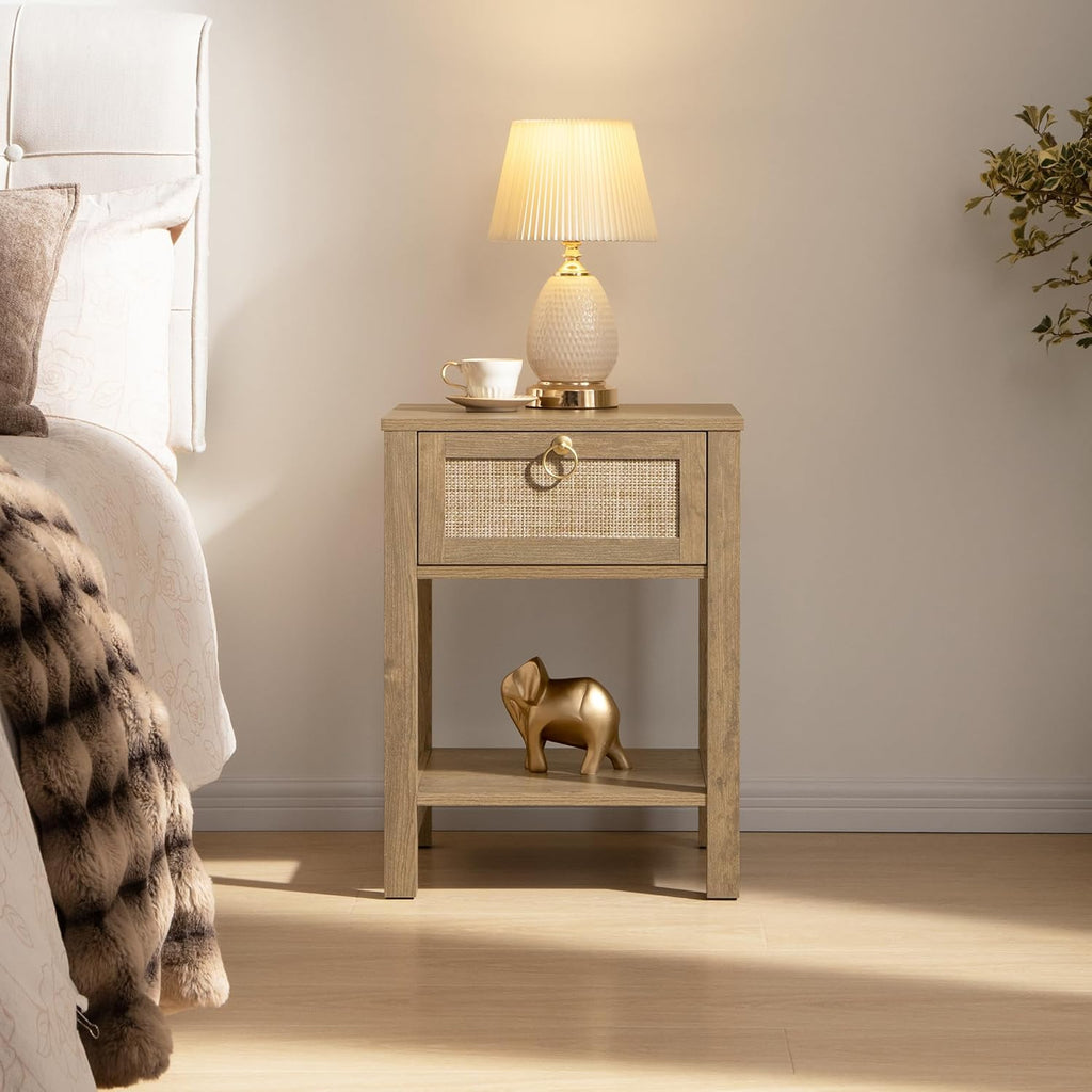 SICOTAS Rattan Nightstand Set of 2, Rattan Decor Drawer with Brass Knobs Night Stand Bedside Table Boho End Tables Side Tables with Storage Shelf for Bedroom,Small Space