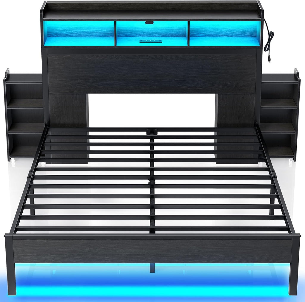 Rolanstar Bed Frame Queen Size with Bookcase Storage Headboard, Slide Out Bedside Storage, Bed with Charging Station & LED Lights, Heavy Duty Metal Slats, No Box Spring Needed, Noise Free, Black