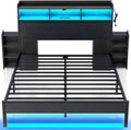 Rolanstar Bed Frame Queen Size with Bookcase Storage Headboard, Slide Out Bedside Storage, Bed with Charging Station & LED Lights, Heavy Duty Metal Slats, No Box Spring Needed, Noise Free, Black