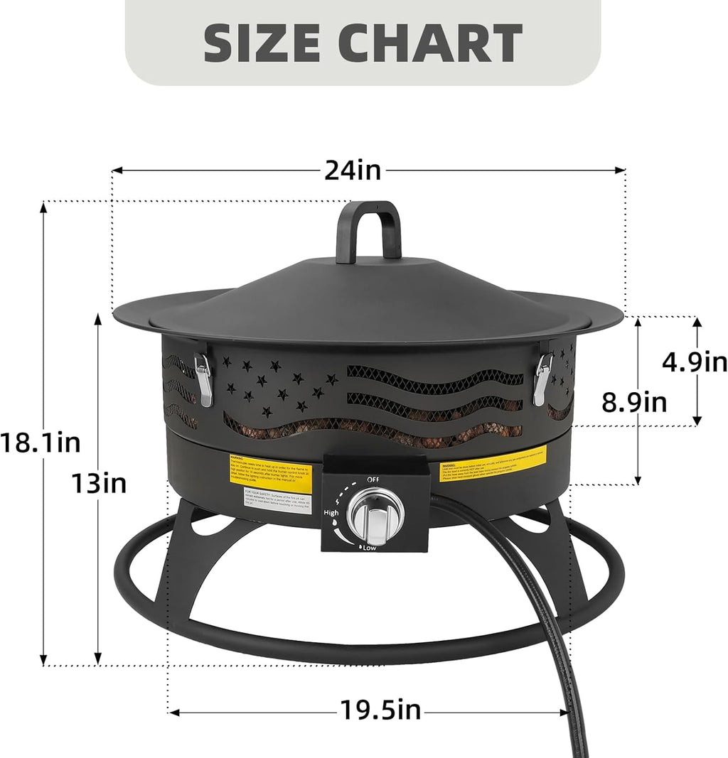 Portable Propane Fire Pit, 24 Inch Smokeless Gas Fire Pit Bowl for Outside, 60,000 BTU Outdoor Firepit with Grill Grate & Lid for Camping, Patio, Yard, Garden