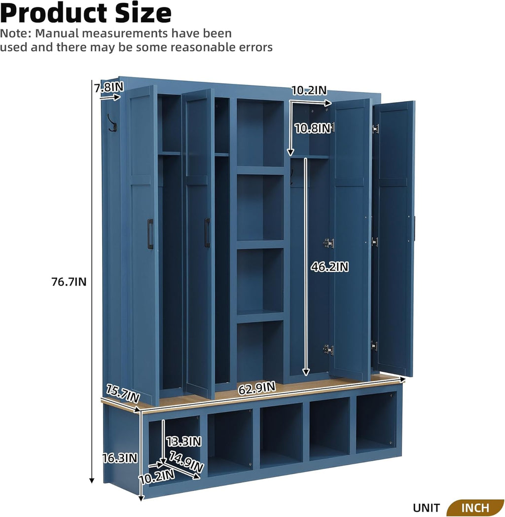 Bellemave Farmhouse 4-in-1 Hall Tree with 6 Hooks & Shoe Storage - 62.9" Wide Entryway Cabinet with Seating Bench and Open Compartments for Mudroom, Hallway, Blue