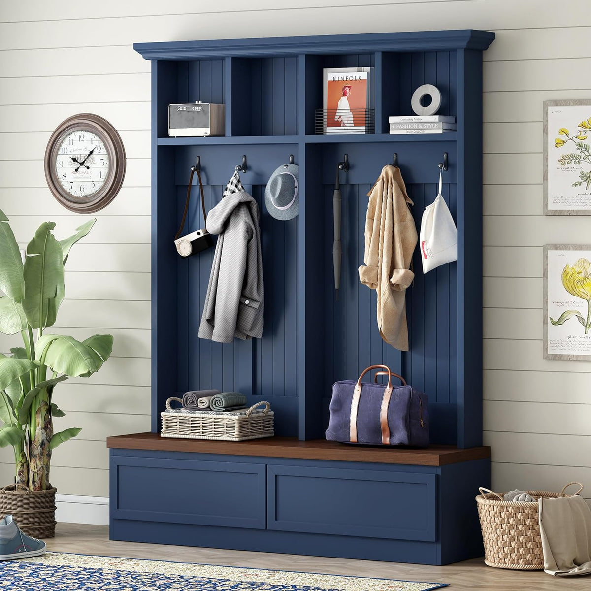 JIVOIT Hall Tree with Storage Bench, Farmhouse 4-in-1 Hall Tree with Wood Grain Bench, 2 Large Drawers, 6 Black Hooks, 4 Storage Compartments, Mudroom Versatile Coat Rack for Hallway, Living Room