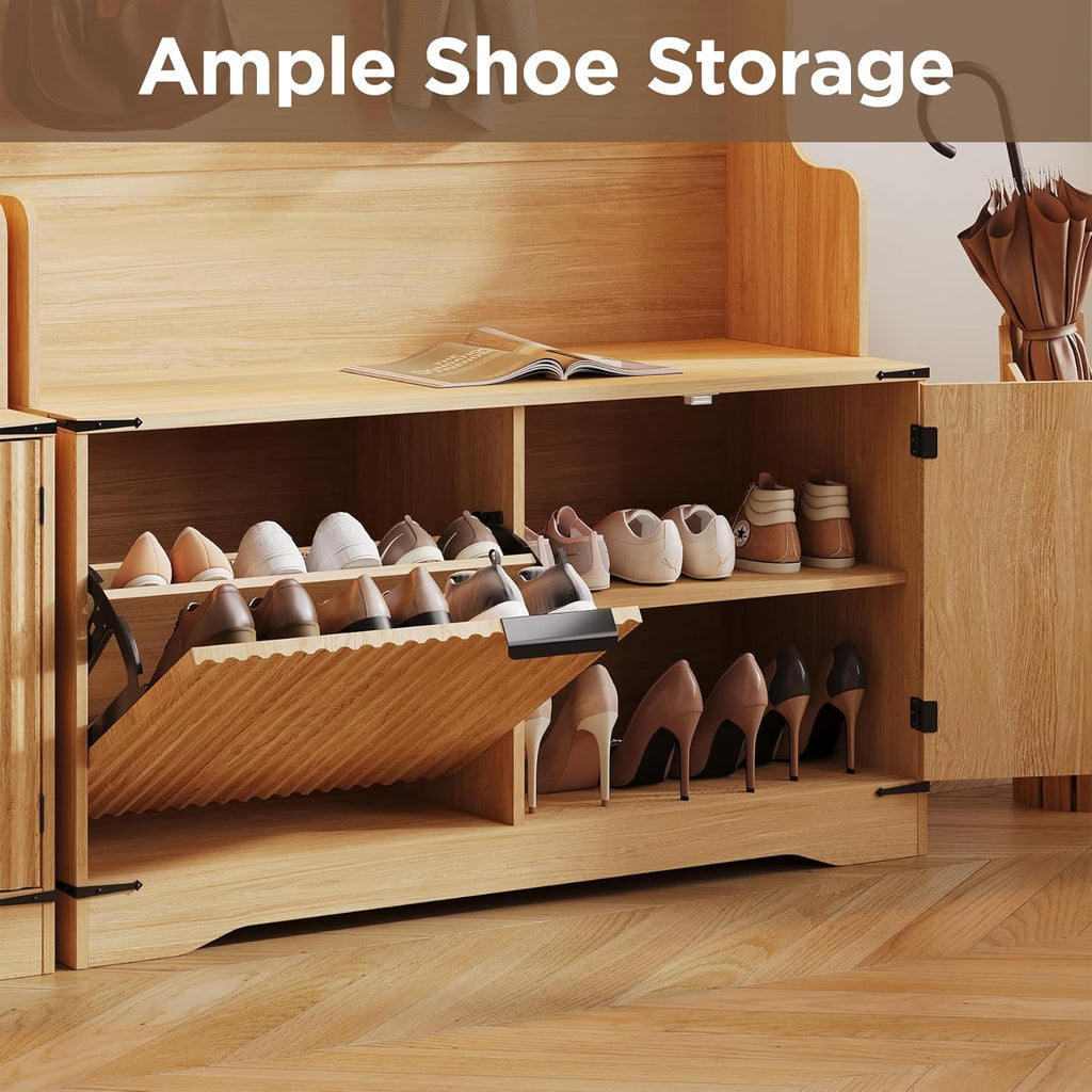 Maupvit Farmhouse Hall Tree with Bench and Shoe Storage, 4 Coat Rack with Shoe Storage Cabinet, 5-in-1 Entryway Organizer with Led Lights, Adjustable Shelves & Flip Drawers, Mudroom Seat Stool, Oak