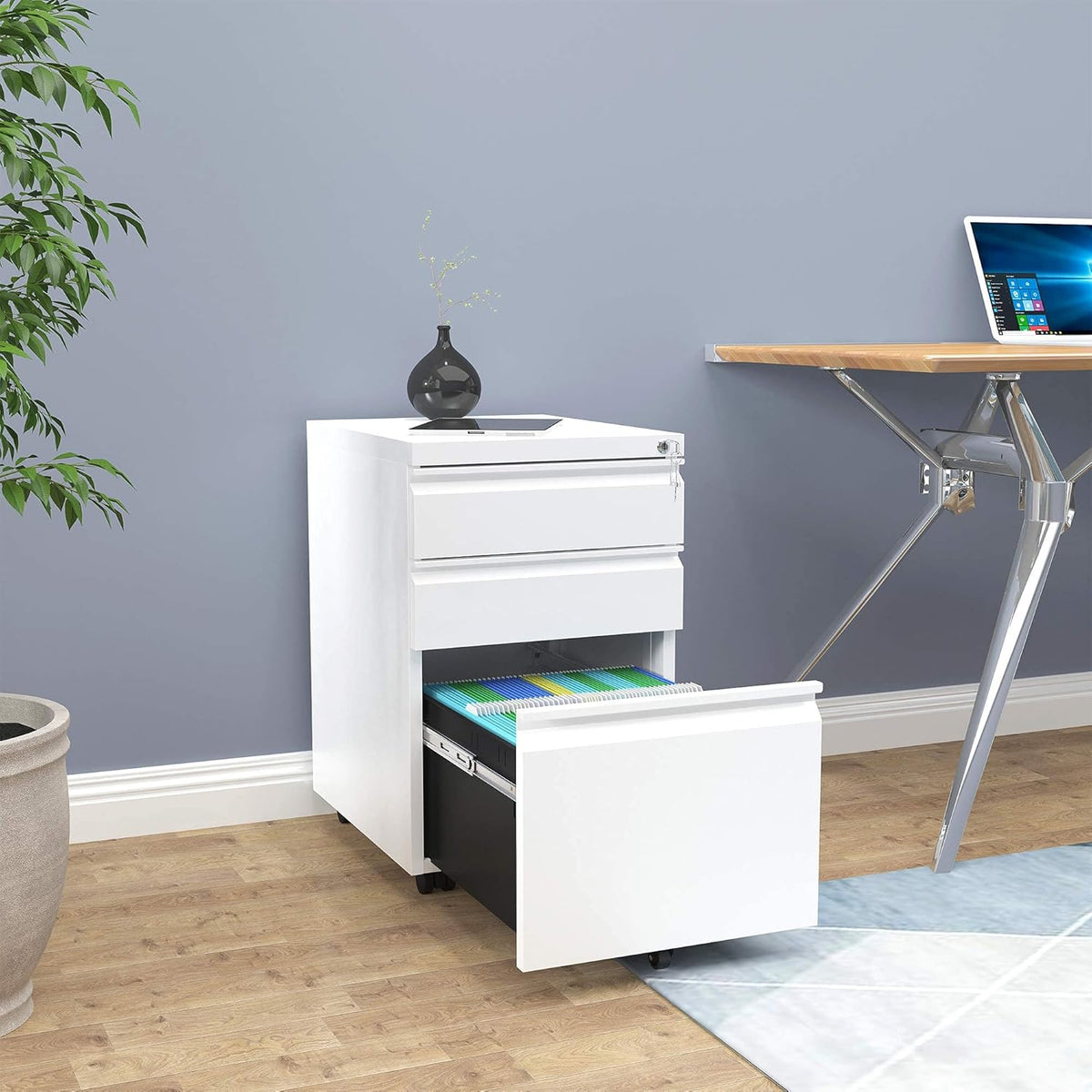 YITAHOME 3-Drawer Mobile File Cabinet with Lock, Office Storage Filing Cabinet for Legal/Letter Size, Pre-Assembled Metal File Cabinet Except Wheels Under Desk -White