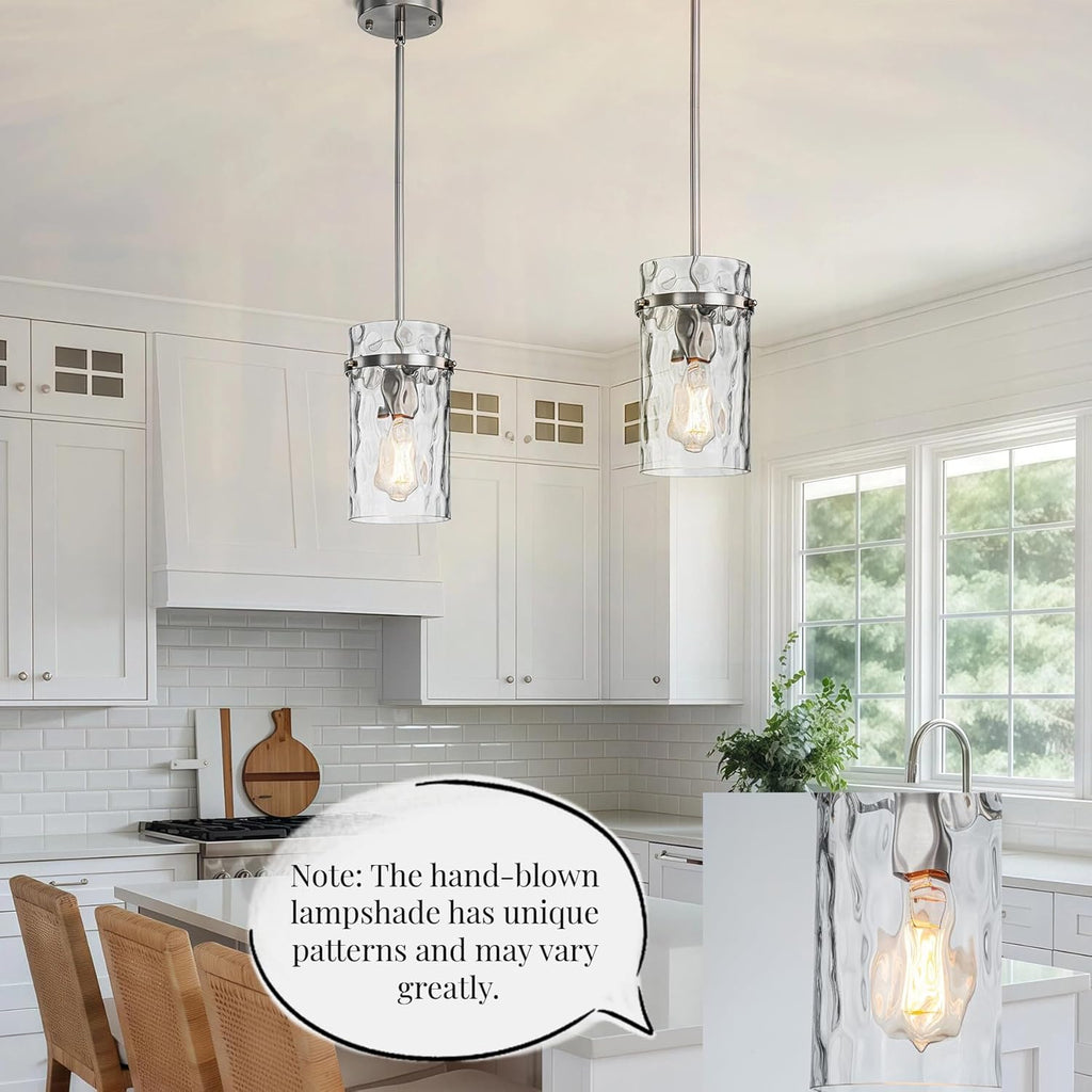 5.5" Brush Nickel Hammered Glass Pendant Light Fixtures, Brushed Nickel Kitchen Pendant Lights, Modern Kitchen Island Light Dining Room Light Farmhouse Island Lights Sink 2 Pack