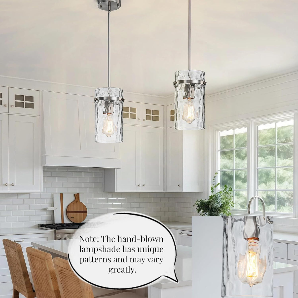 5.5" Brush Nickel Hammered Glass Pendant Light Fixtures, Brushed Nickel Kitchen Pendant Lights, Modern Kitchen Island Light Dining Room Light Farmhouse Island Lights Sink 2 Pack