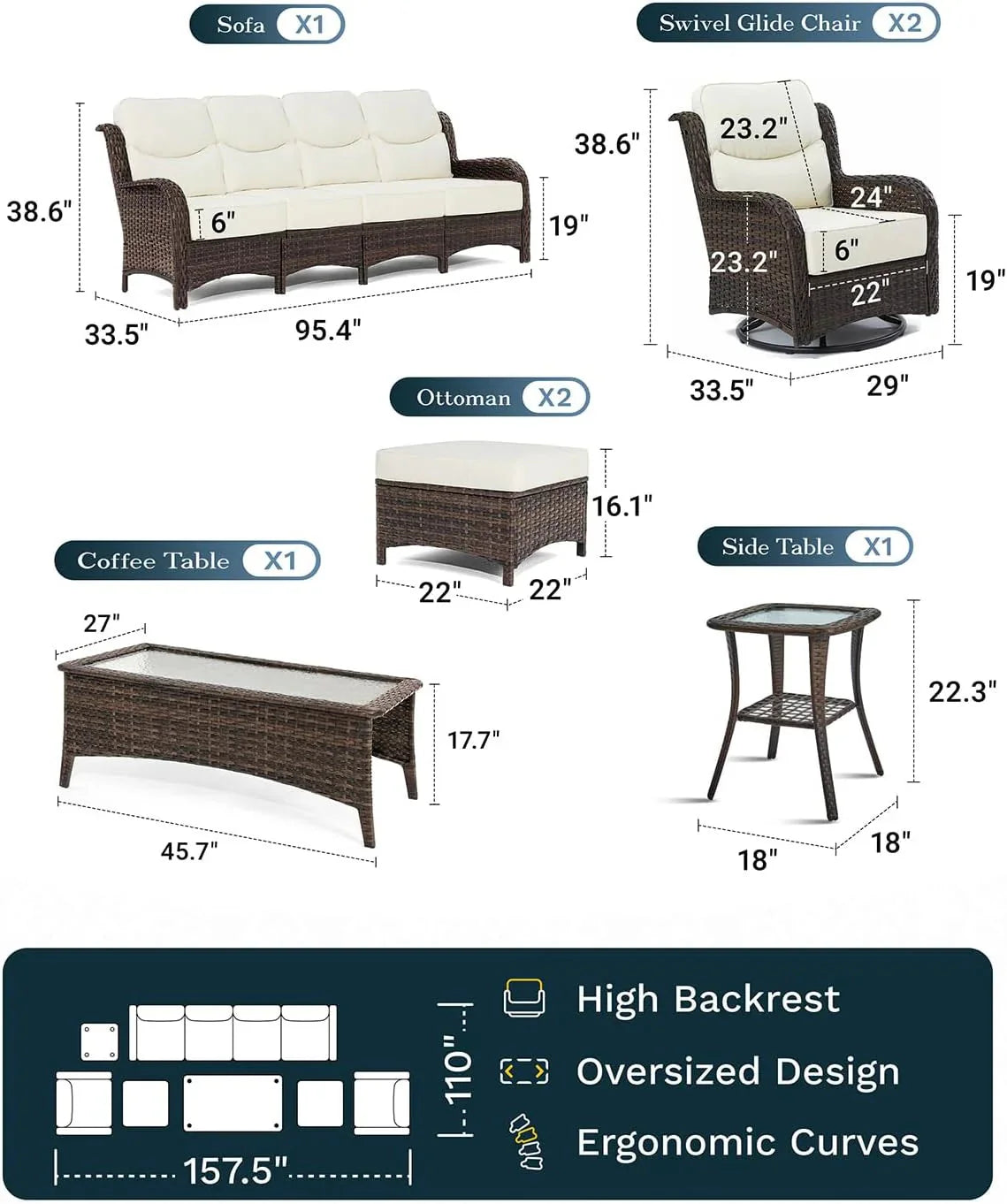 Outdoor Swivel Rocker Patio Chairs with 6-Inch Thick Cushions and Side Table, 3PCS High Back Wicker Patio Furniture Set for Porch, Balcony, Deck and Yard in Blue
