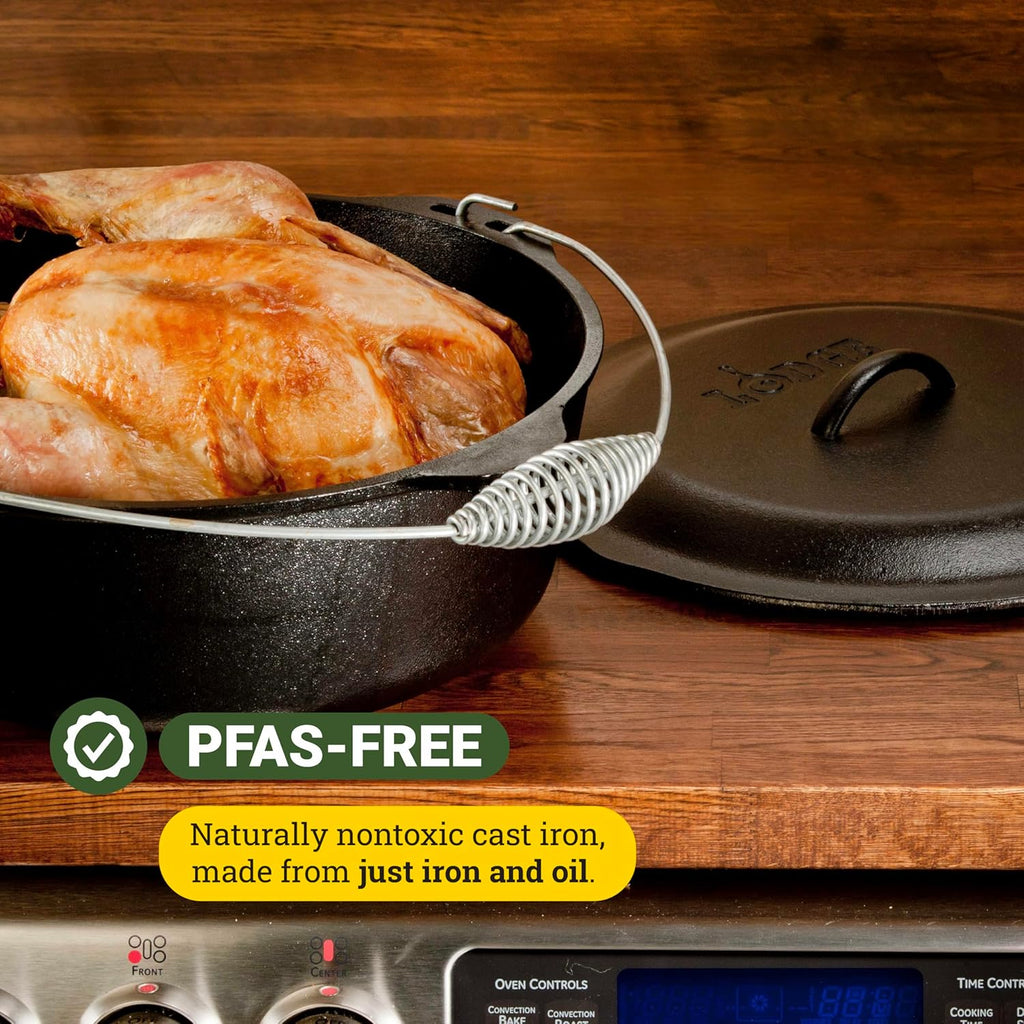 Lodge 9 Quart Pre-Seasoned Cast Iron Dutch Oven with Lid - Wire Bail Handle for Easy Transfer from Cooking Surface to Table - Use in the Oven, on the Stove, on the Grill or over the Campfire - Black