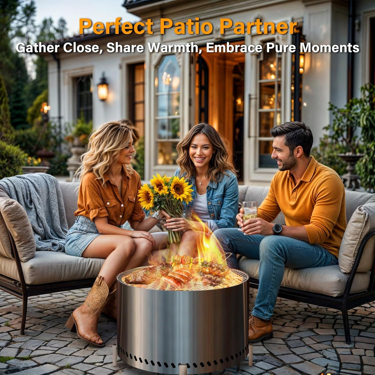 HGD 27.5" Smokeless Firepit with Stand & Grill Rack, Large Stainless Steel Wood Burning Fire Pit for Friends & Family Gatherings, Secondary Combustion Outdoor Patio Stove for Garden BBQ & Bonfire