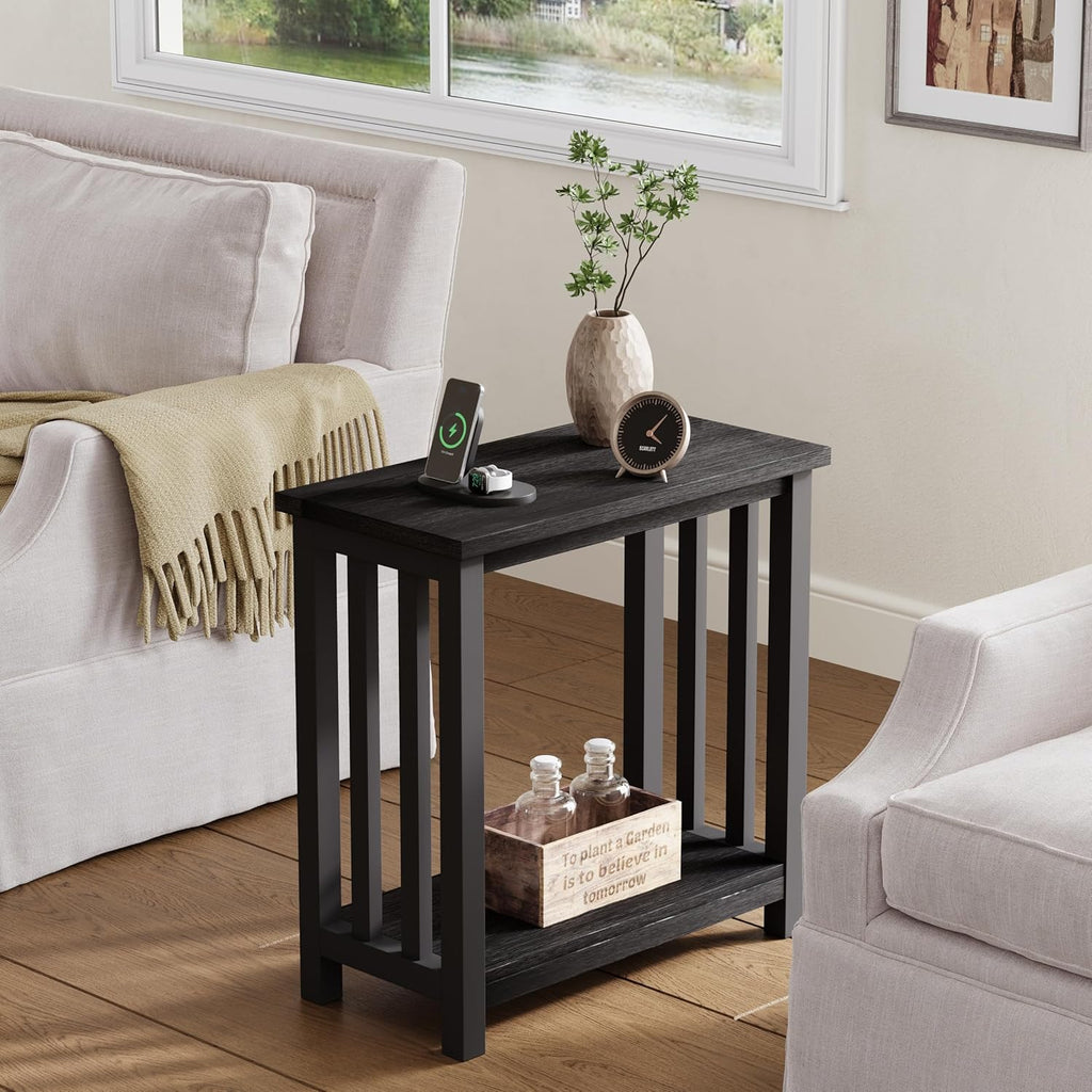 ChooChoo Mission End Tables Set of 2, Narrow Side Tables for Small Spaces, Night Stands with Storage Shelf for Living Room and Bedroom, Black
