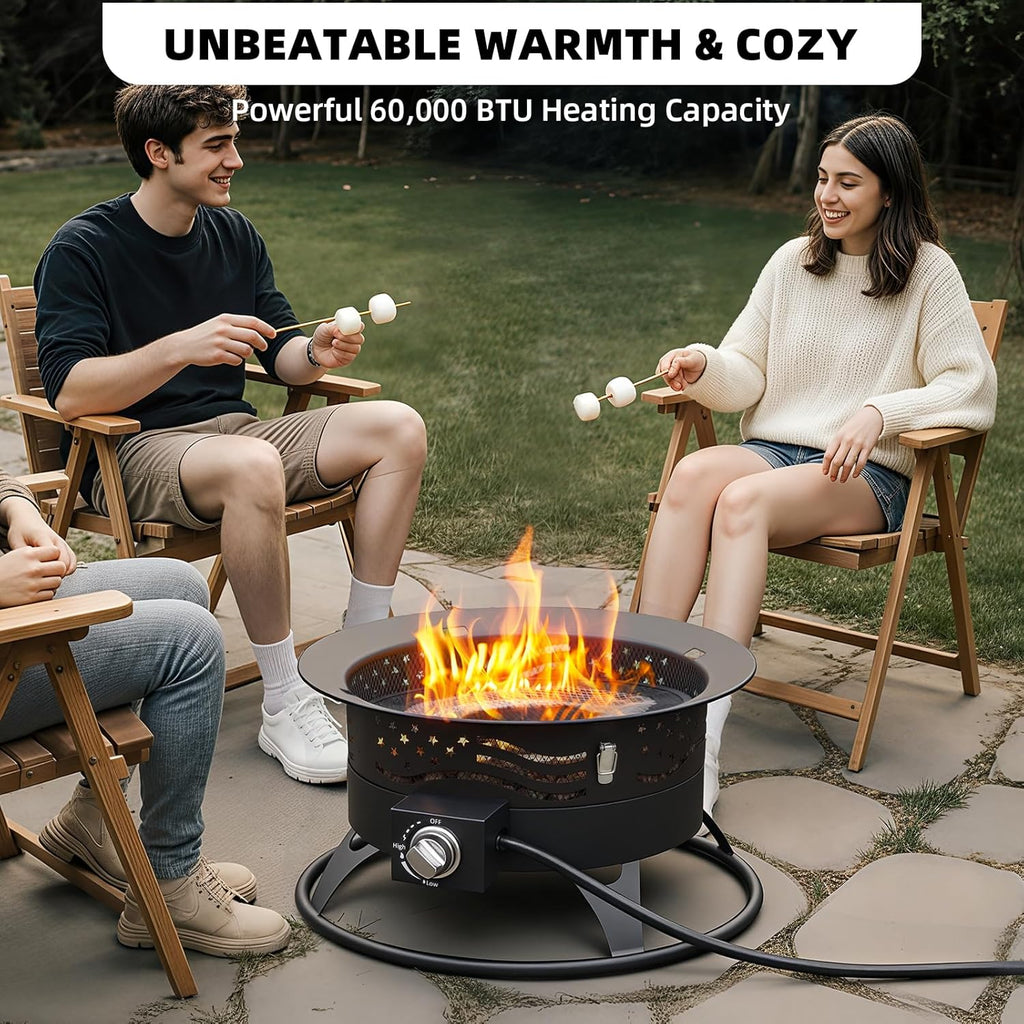 Portable Propane Fire Pit, 24 Inch Smokeless Gas Fire Pit Bowl for Outside, 60,000 BTU Outdoor Firepit with Grill Grate & Lid for Camping, Patio, Yard, Garden