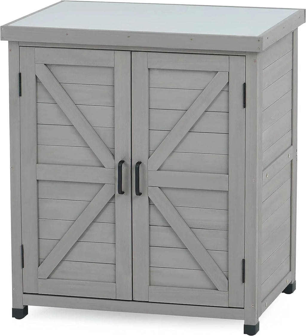 Potting Bench with Storage Cabinet and Metal Table Top for Outdoor Patio, Garden Furniture Wood Workstation