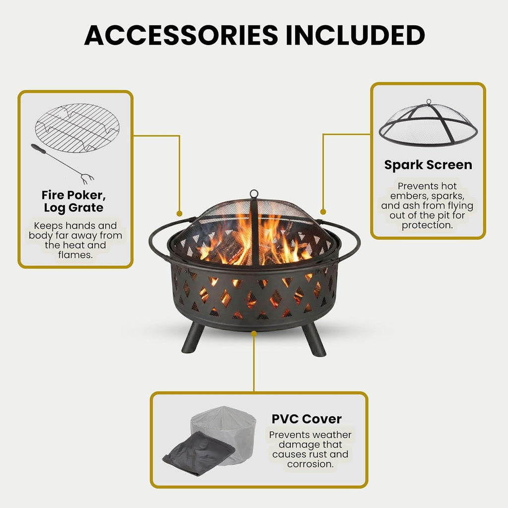 Fire Pit - 32-Inch Outdoor Wood Burning Firepit with Screen, Poker, and Cover - Outdoor Fire Pits for Backyard, Deck, or Patio by Pure Garden (Black)