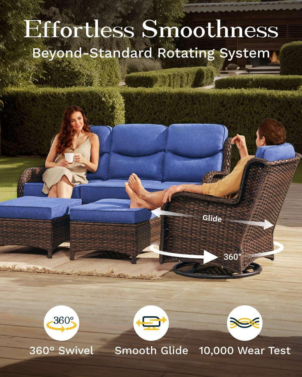 Outdoor Swivel Rocker Patio Chairs with 6-Inch Thick Cushions and Side Table, 3PCS High Back Wicker Patio Furniture Set for Porch, Balcony, Deck and Yard in Blue