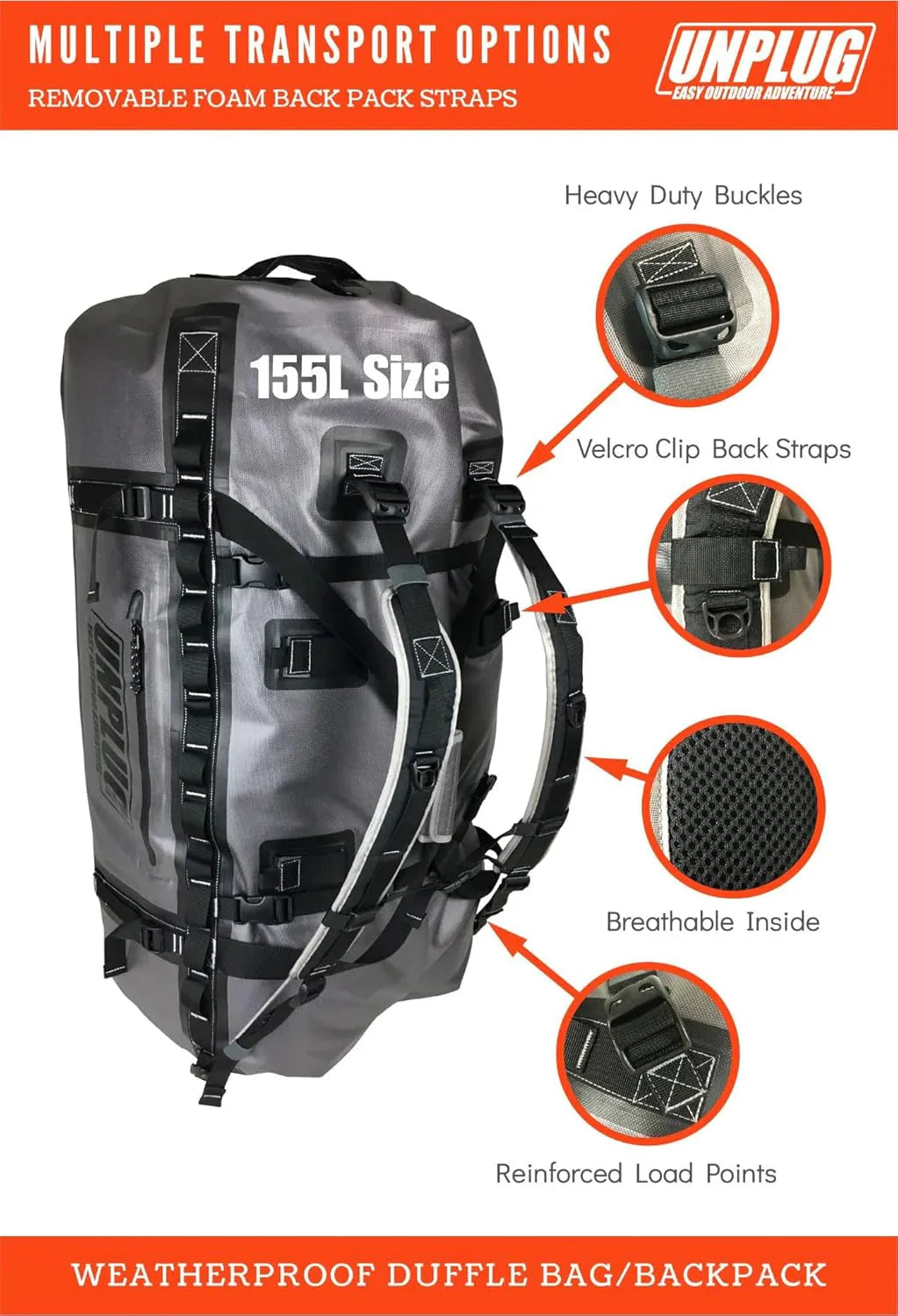 UNPLUG Ultimate Adventure Bag -1680D Heavy Duty Waterproof Travel Duffel Bags for Camping, Motorcycle Dry Bag, Waterproof Bags for Boating, Waterproof Duffle Backpack,Tactical Duffle Bag