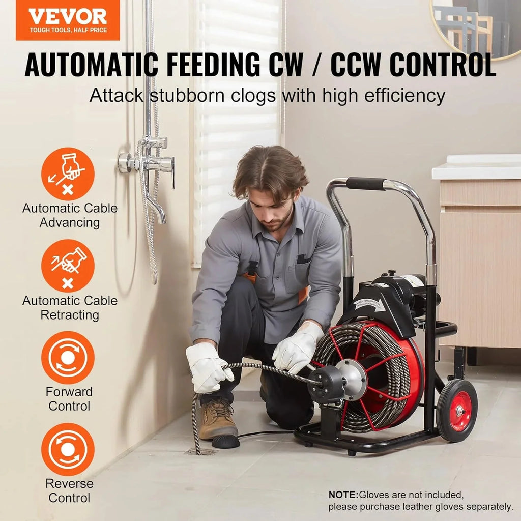 VEVOR Drain Cleaner Machine 100FT x 1/2 Inch, Auto Feed Sewer Snake Auger on Wheels, 550W Portable Drain Cleaning Machine with 8 Cutters & Air-activated Foot Switch for 2" to 4" Pipes