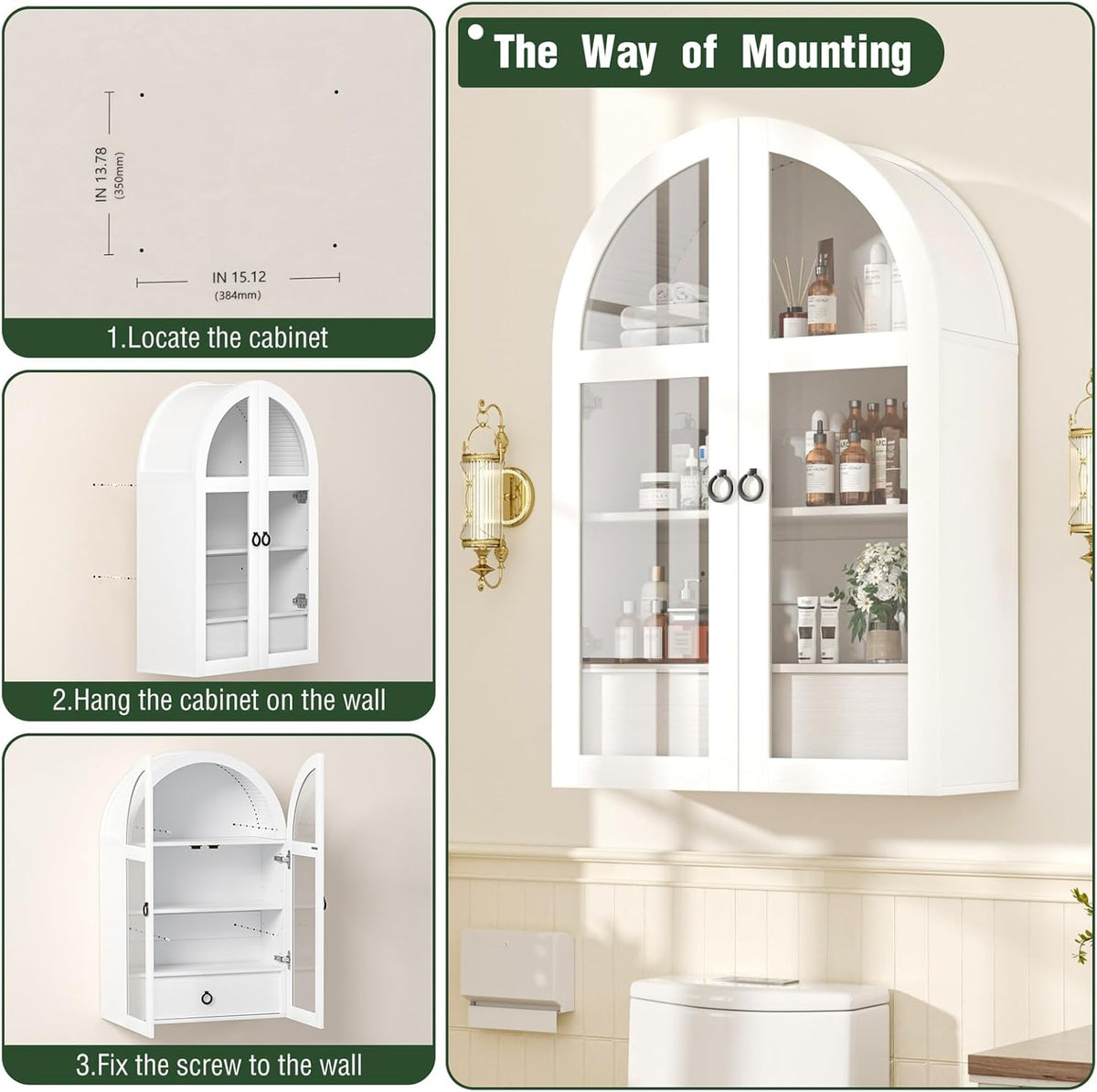 Medicine Cabinet with Tempered Glass Door, Arched Bathroom Wall Cabinet with Adjustable Shelf, for Kitchen, Living Room, Entryway, Laundry Room, Apartment, Office, Small Space, White