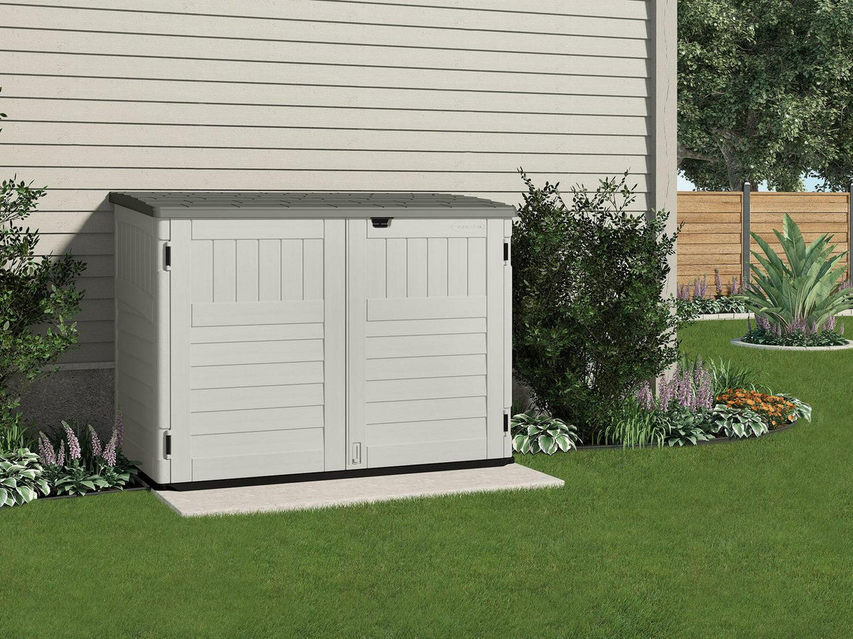 Suncast BMS4700 Resin Storage Shed, Off-White/Gray, 70.5′′W x 44.25′′D x 52′′H, Double Door, UV Resistant