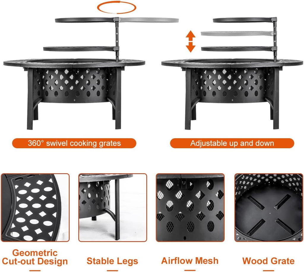 OutVue 36 Inch Fire Pit with 2 Grills, Wood Burning Fire Pits for Outside with Lid, Poker and Round Waterproof Cover, BBQ& Outdoor Firepit & Round Metal Table 3 in 1 for Patio, Picnic, Party