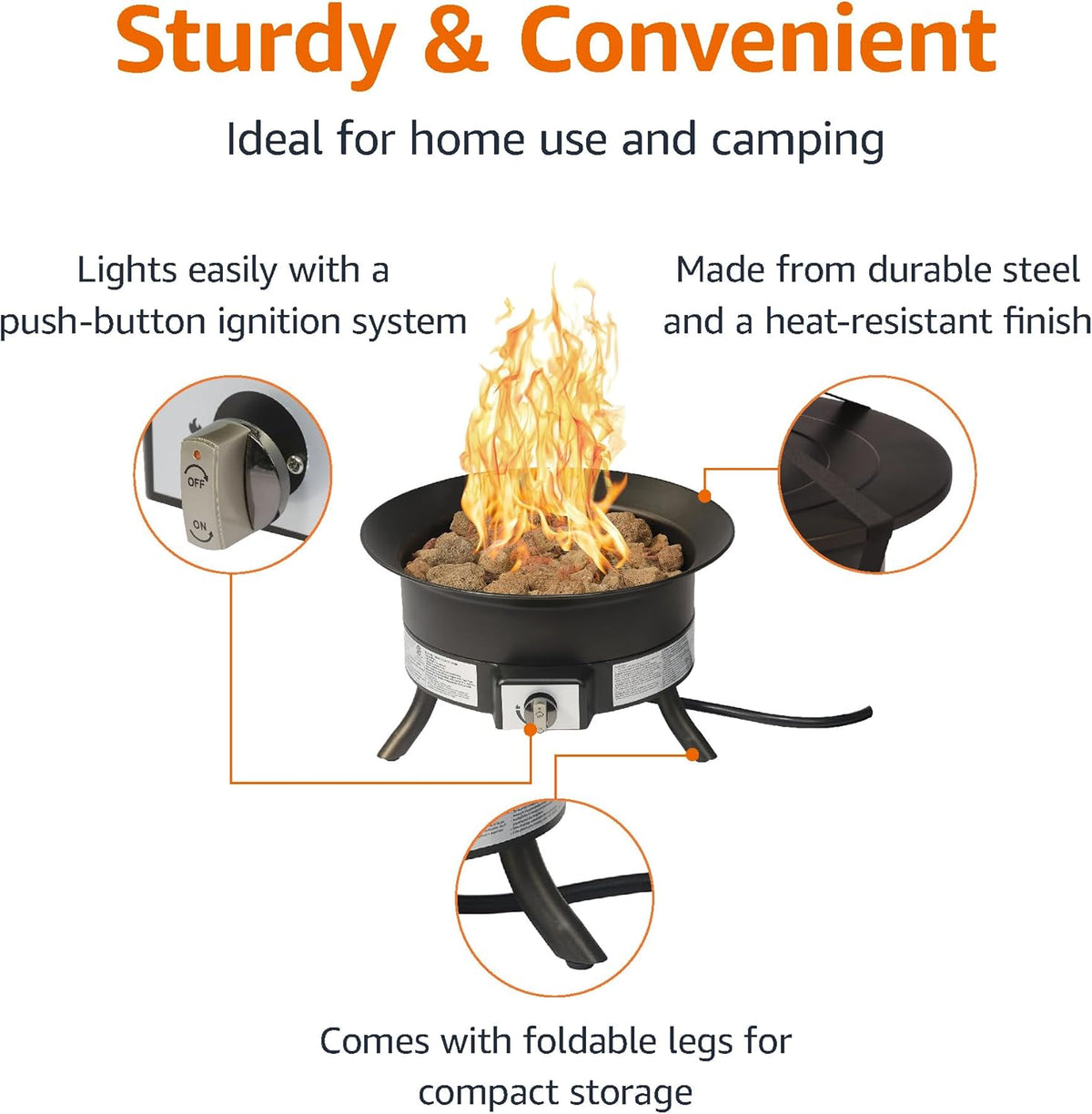 Amazon Basics Portable Propane Fire Pit, 19 inch Round Gas for Patio, 55,000 BTU, Carry Strap, Heat, Warmth and Ambience