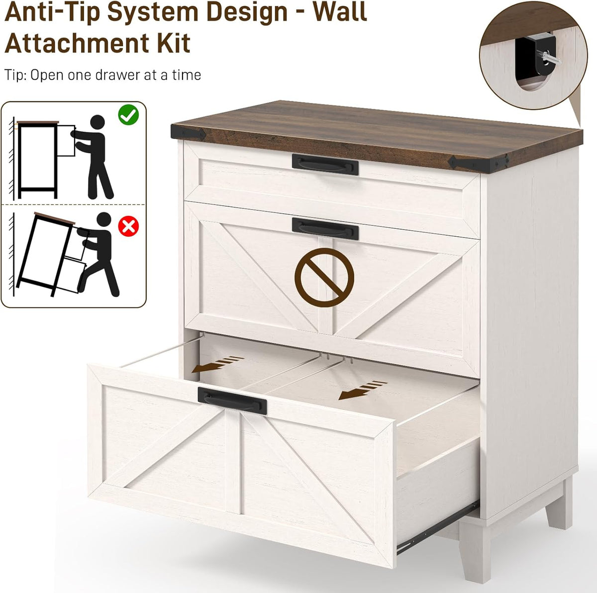 Vabches Lateral File Cabinet with 3 Drawers, Farmhouse File Cabinet for Legal/Letter/A4 Size Hanging Files, Large Wood Printer Stand Home Office, Rustic White