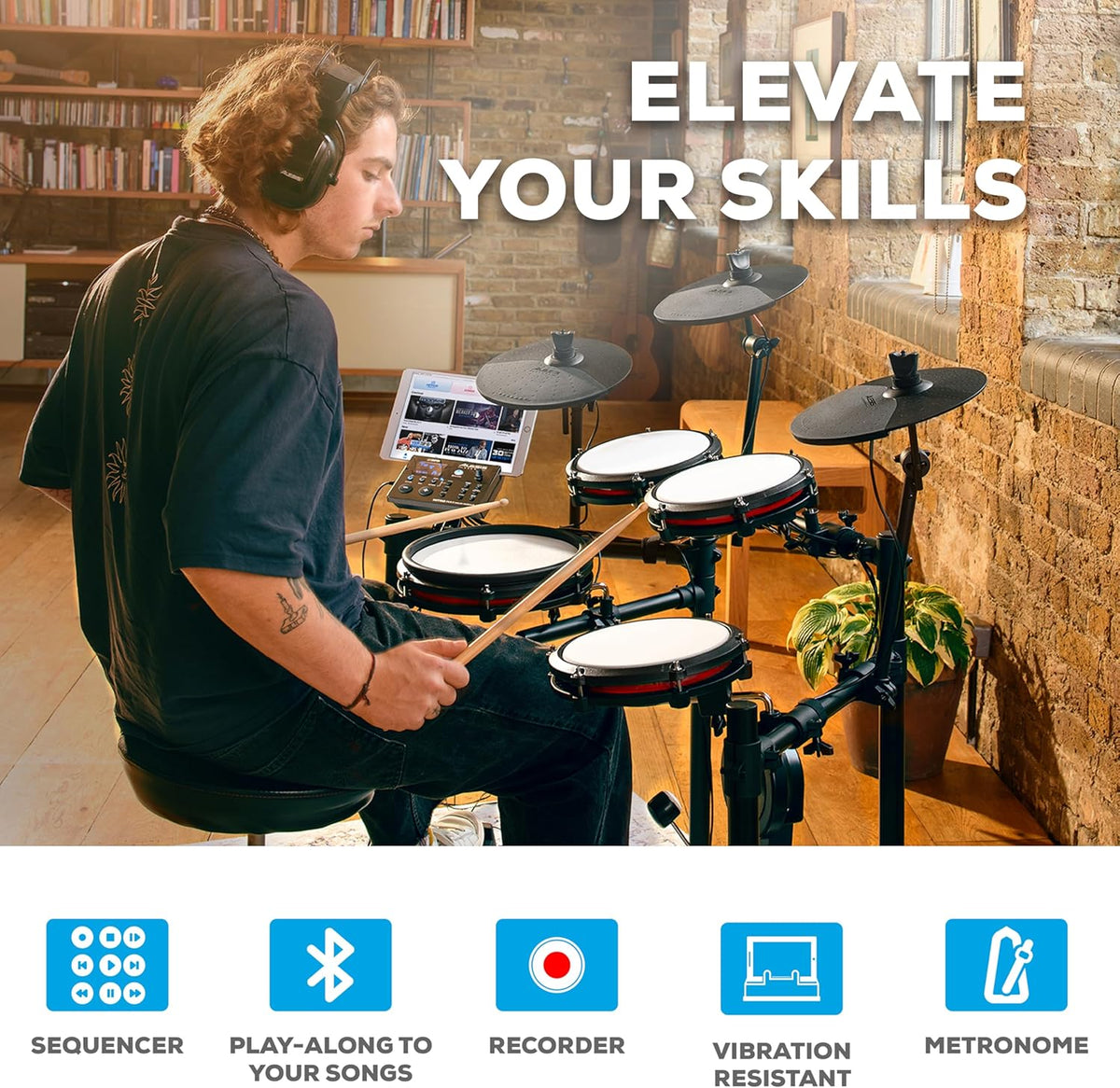 Alesis Nitro Max Kit Compact Electric Drum Kit with Quiet Mesh Pads, 10" Dual-Zone Snare, Bluetooth, 440+ BFD Sounds, Drumeo, USB MIDI, Kick Pedal